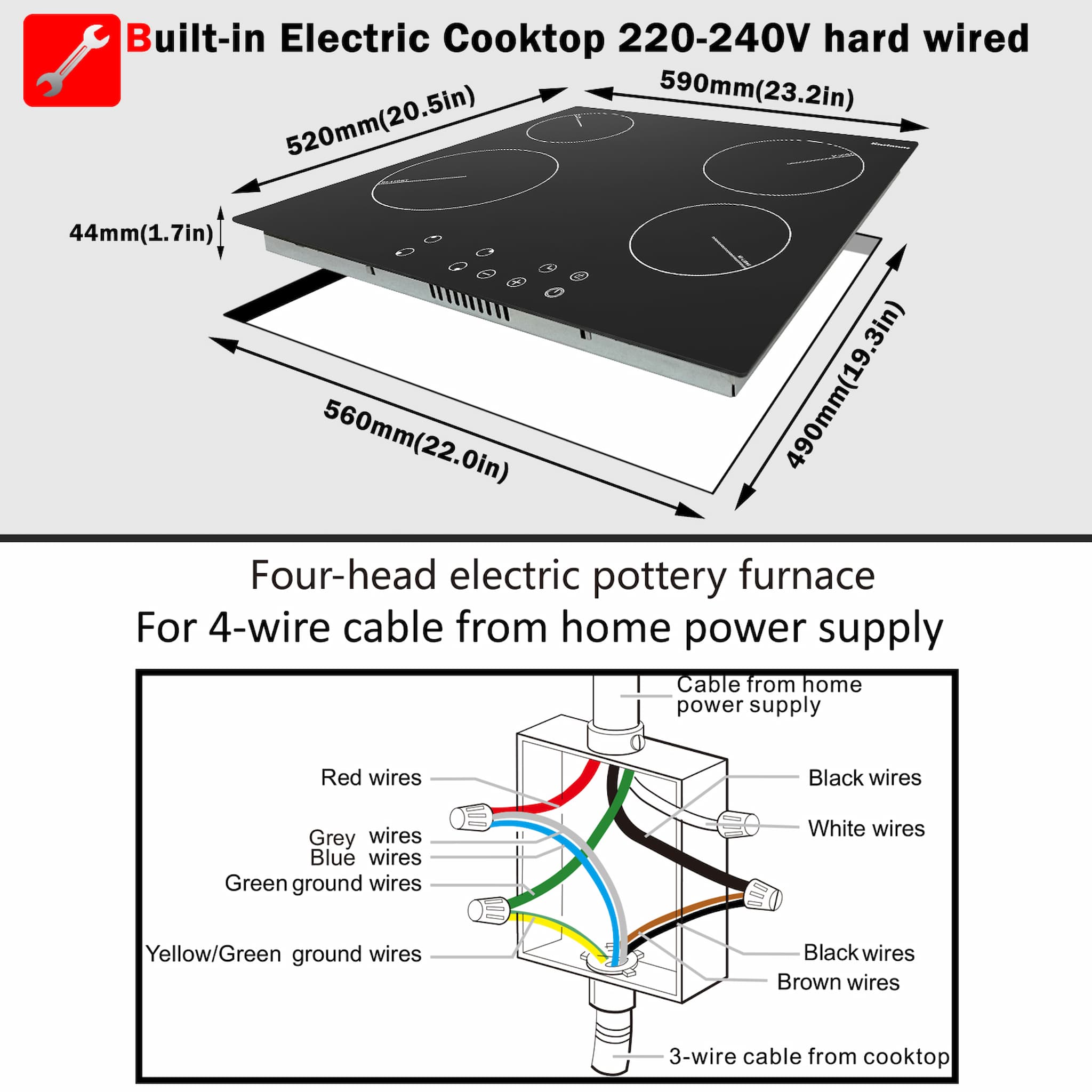 Karinear Drop-in 4 Burner Electric Cooktop 24 Inch Electric Radiant Cooktop, Electric Stove Top with Residual Heat Indicator, Child Safety Lock, Timer, 220-240V, 6000W, Hard Wire(No Plug)