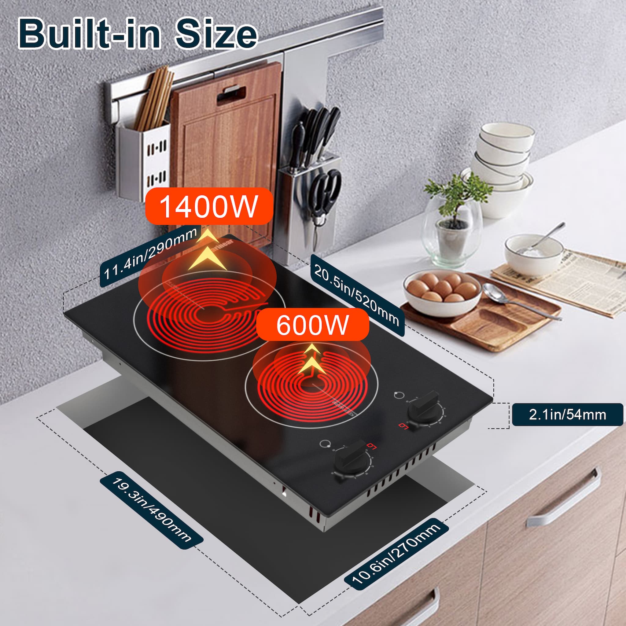 If you want it to look more beautiful and save more space, you can also open holes in the cabinet and install the 2 burners electric stove top embedded. Cut-out size: 19.3 in * 10.6 in