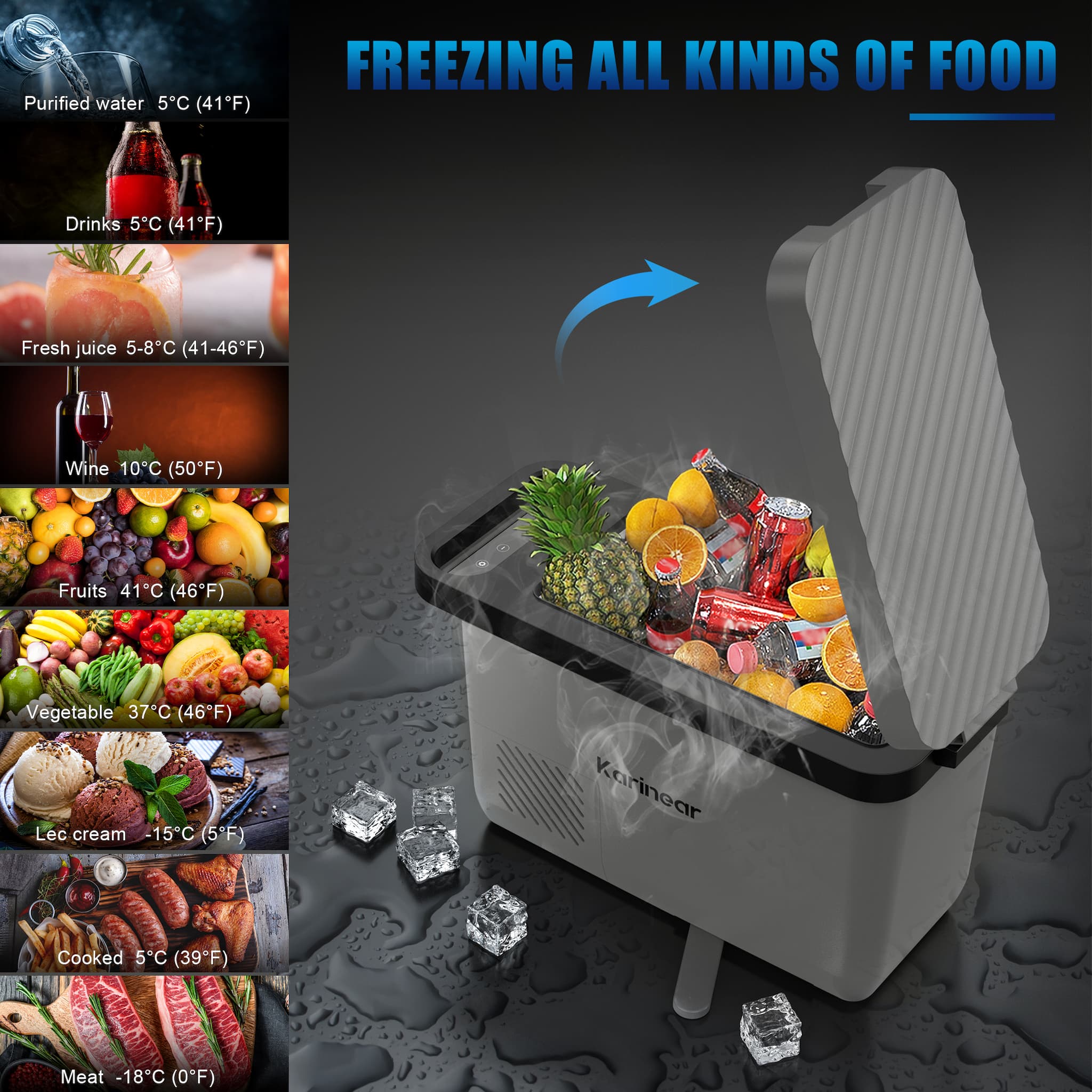 The refrigerator is compatible with a variety of power inputs. The intelligent recognition of DC12/24 V voltage function enables the refrigerator to meet the needs of various scenes,such as in a car, marine, house,or outdoor environment.