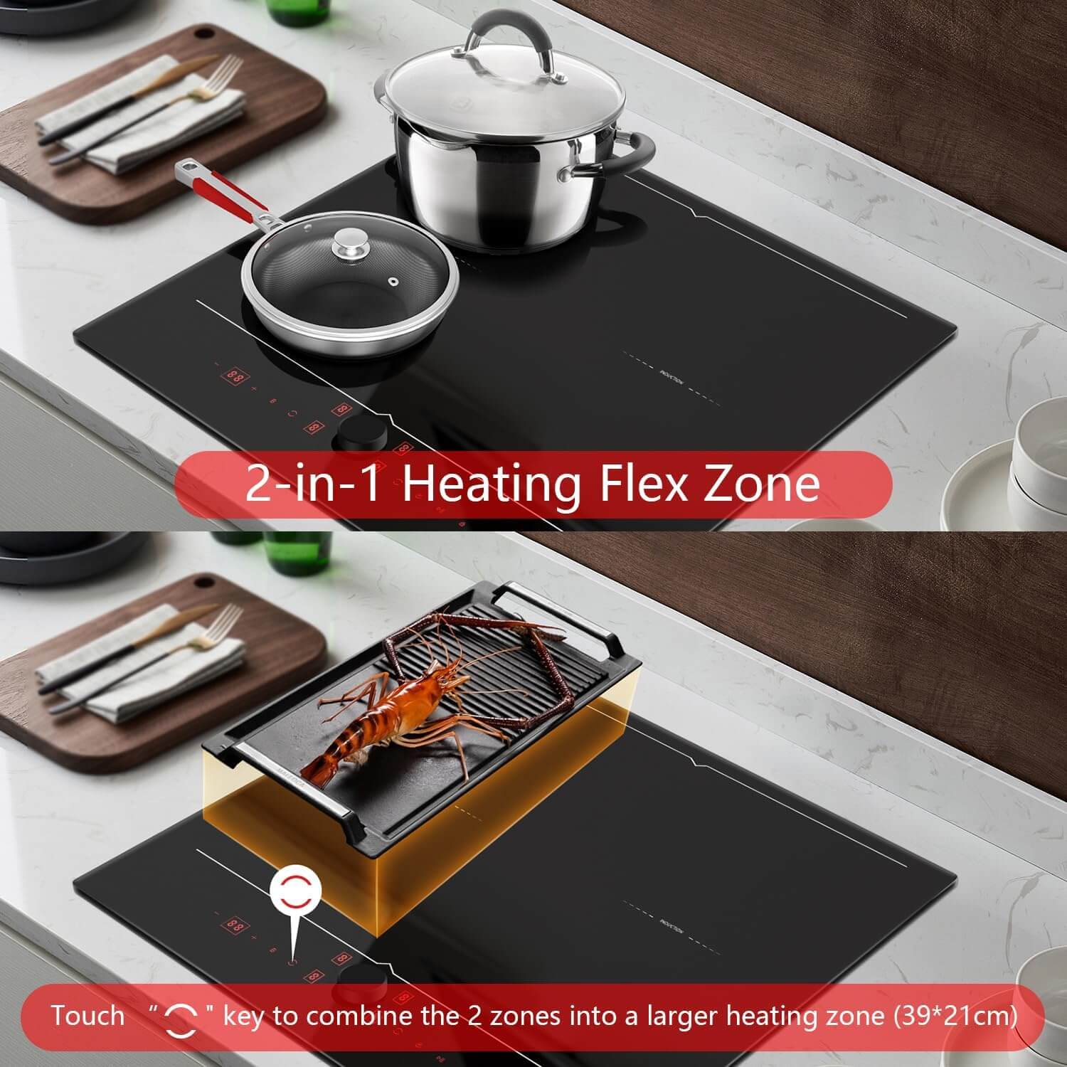 Karinear 24 Inch Induction Cooktop 4 Burners, Hidden Display with Magnetic Knob Control, Built-in Induction Stovetop with Heating Flex Zone, Boost, Timer, Pause Function, 7200W, 220-240V(No Plug)