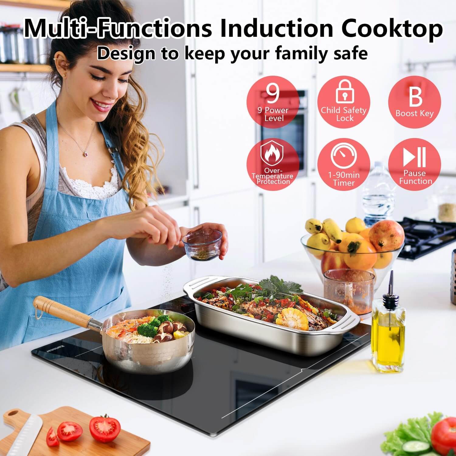Karinear 24 Inch Induction Cooktop 4 Burners, Hidden Display with Magnetic Knob Control, Built-in Induction Stovetop with Heating Flex Zone, Boost, Timer, Pause Function, 7200W, 220-240V(No Plug)