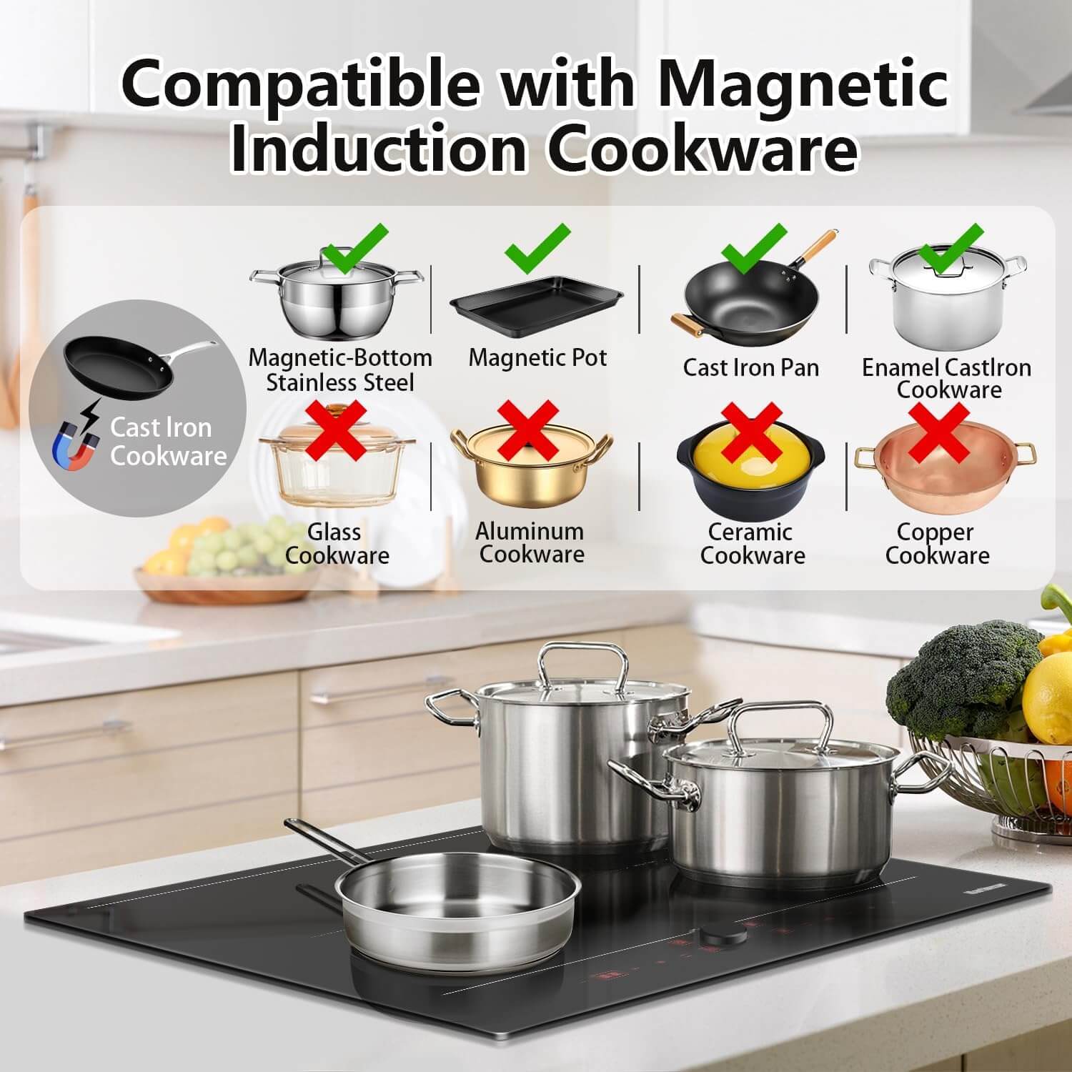 Karinear 24 Inch Induction Cooktop 4 Burners, Hidden Display with Magnetic Knob Control, Built-in Induction Stovetop with Heating Flex Zone, Boost, Timer, Pause Function, 7200W, 220-240V(No Plug)