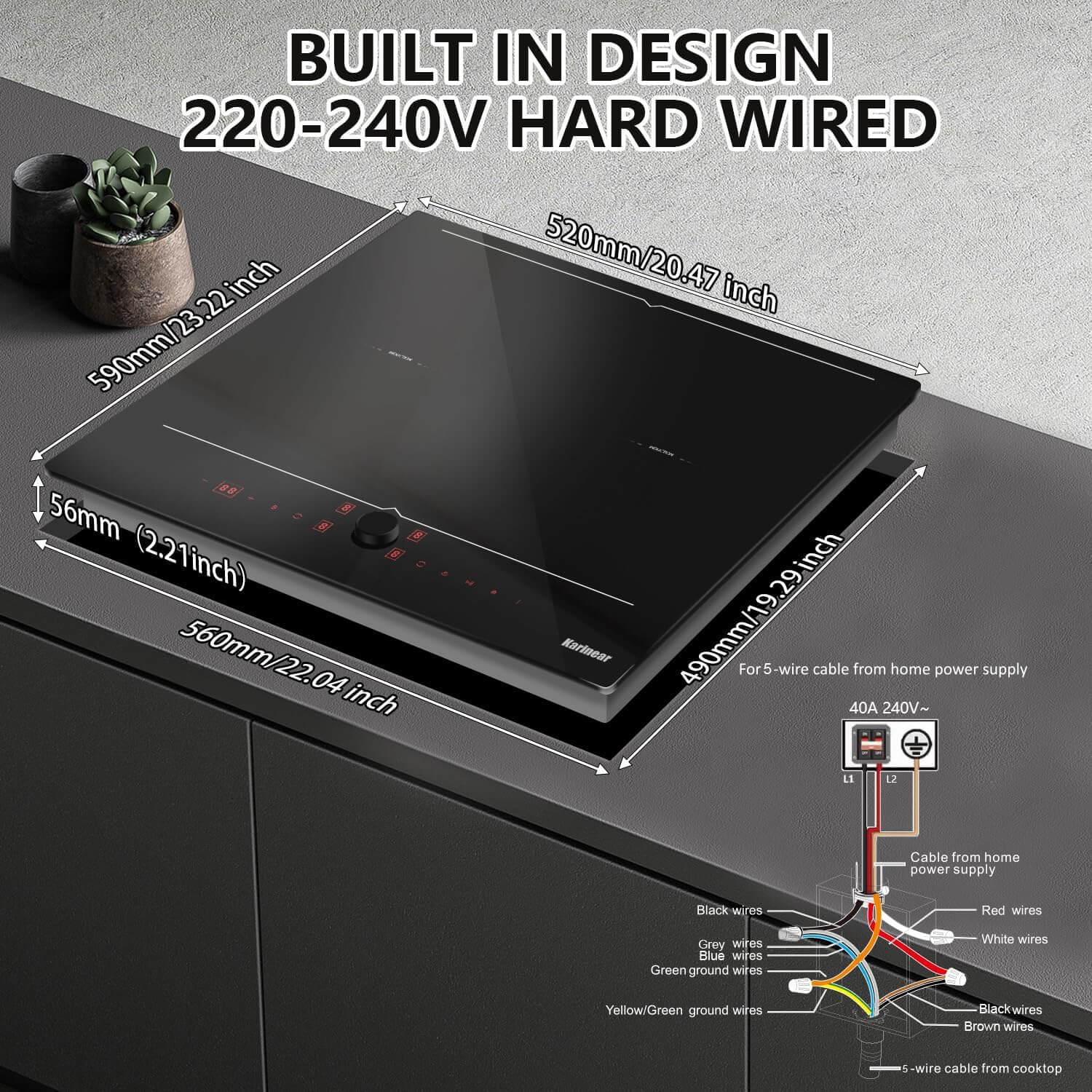 Karinear 24 Inch 4 Burner 7000W Drop In Induction Cooktop - Magnetic Knob Control