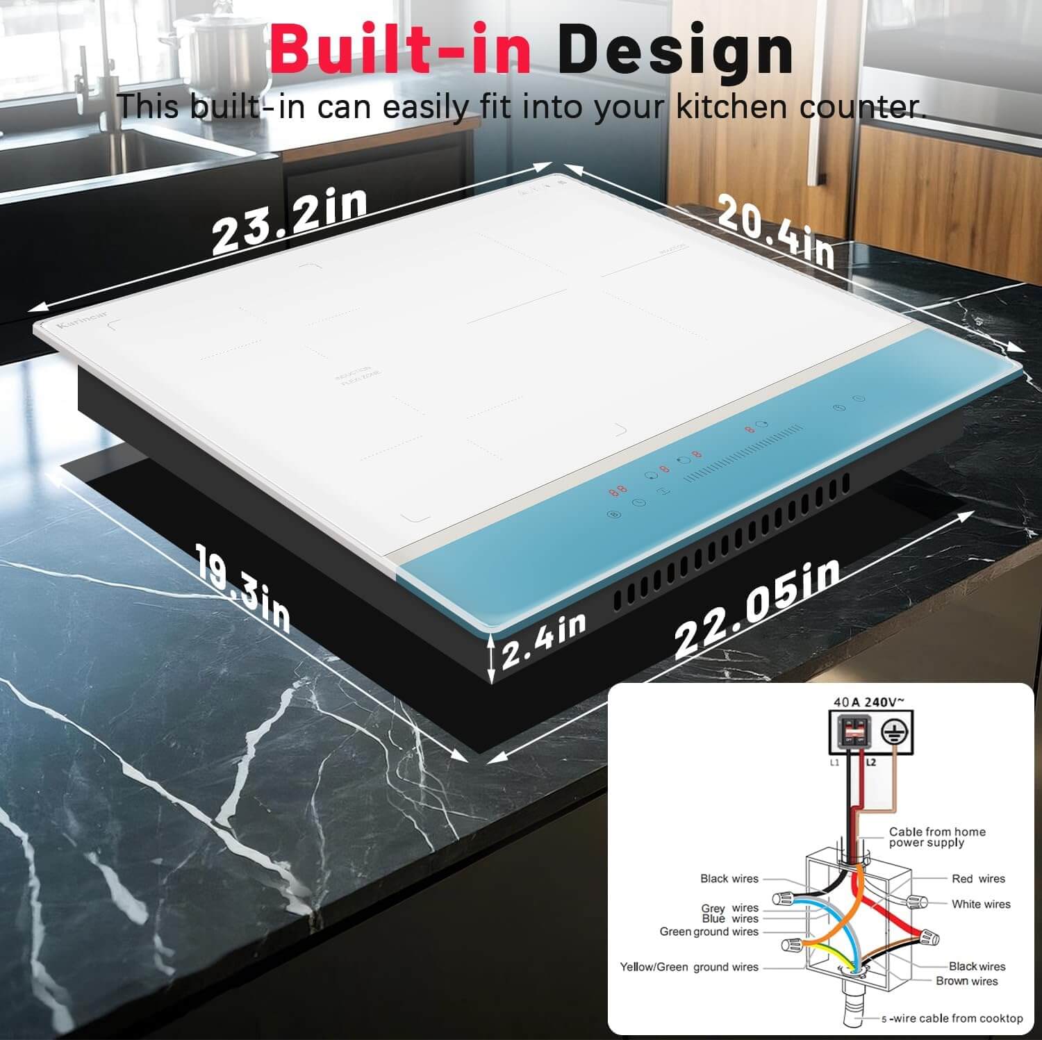 Karinear 24 inch induction cooktop With 3 burner With Boost and Flexible Zone 6800W