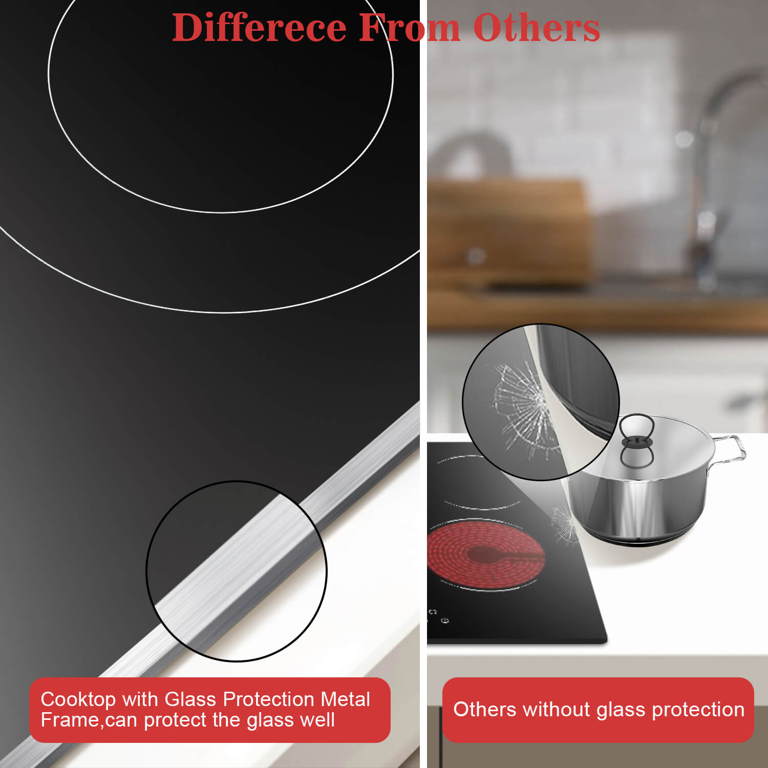 The stylish and elegant silver metal frame not only protects the glass, but also makes the knob electric stove look better overall. Drop-in electric cooktop fits perfectly into every cabinet.