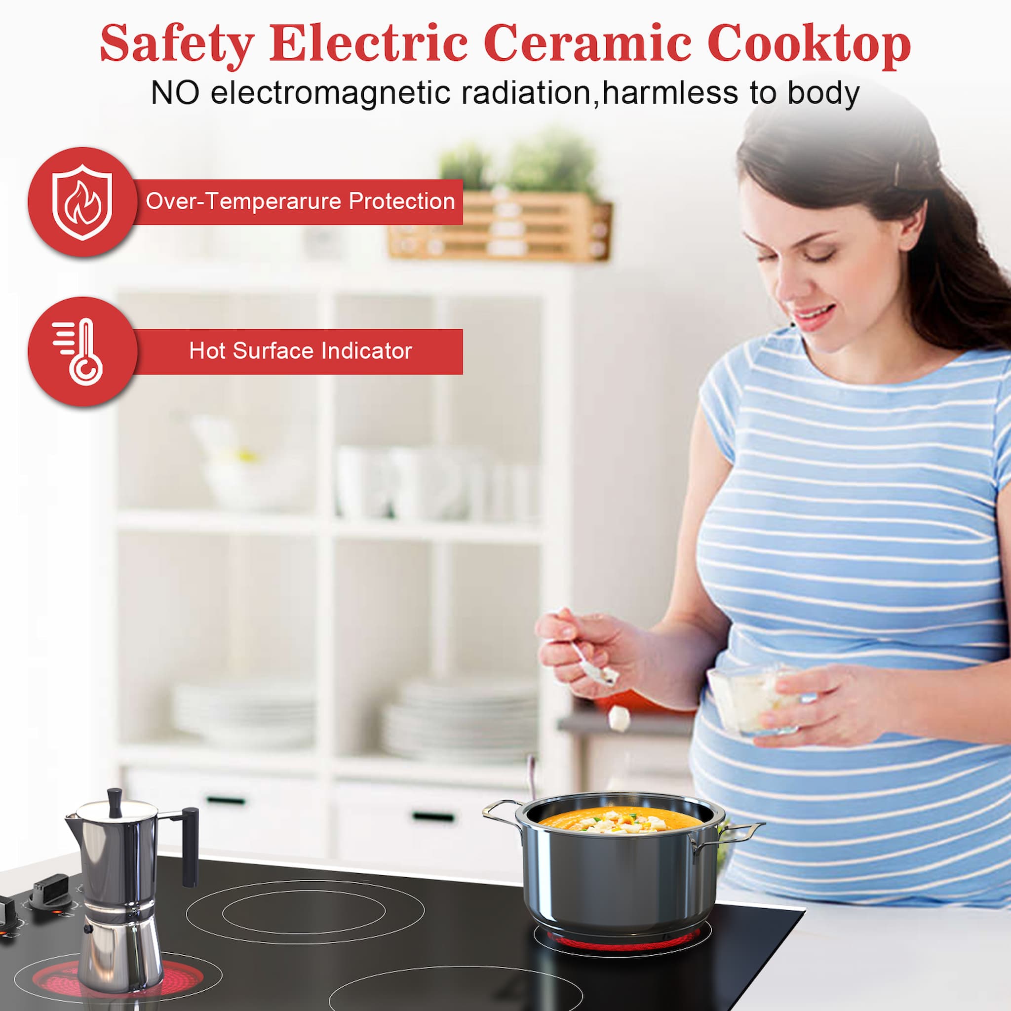 Karinear 30 Inch Electric Cooktop 4 Burners, Knob Control Built-in Ceramic Cooktop, 30" Radiant Electric Stove Top with Glass Protection Metal Frame,Hot Surface Indicator, 220-240v, Hard Wire, No Plug