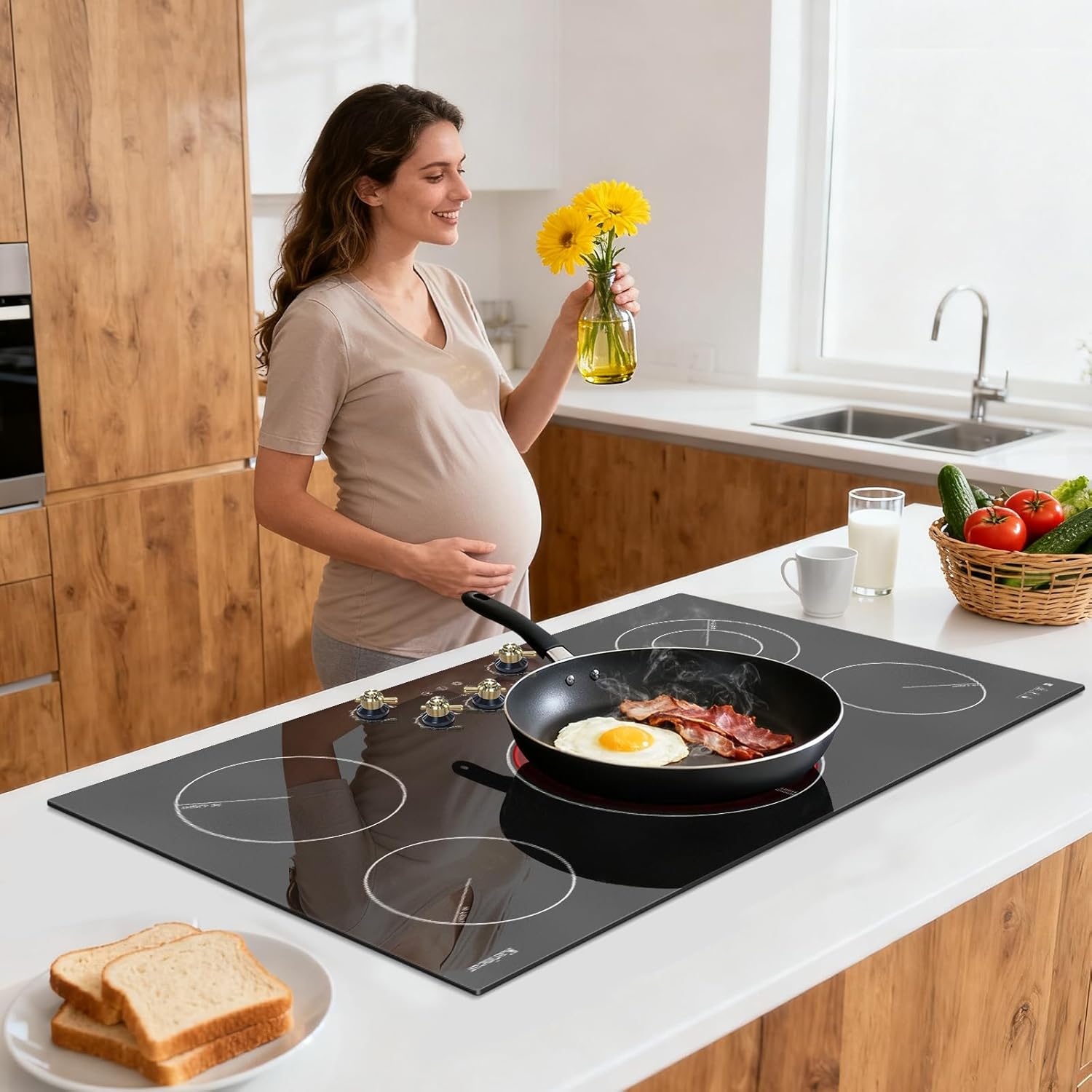 Karinear 36 inch 5 Burner Electric Cooktop 9200W with Knob & Touch Control