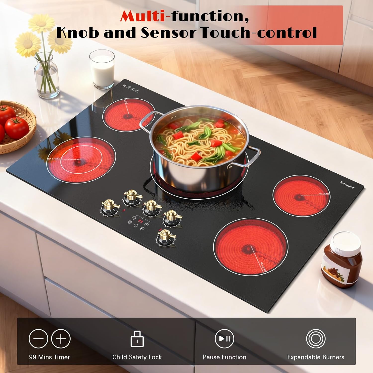 Karinear 36 inch 5 Burner Electric Cooktop 9200W with Knob & Touch Control