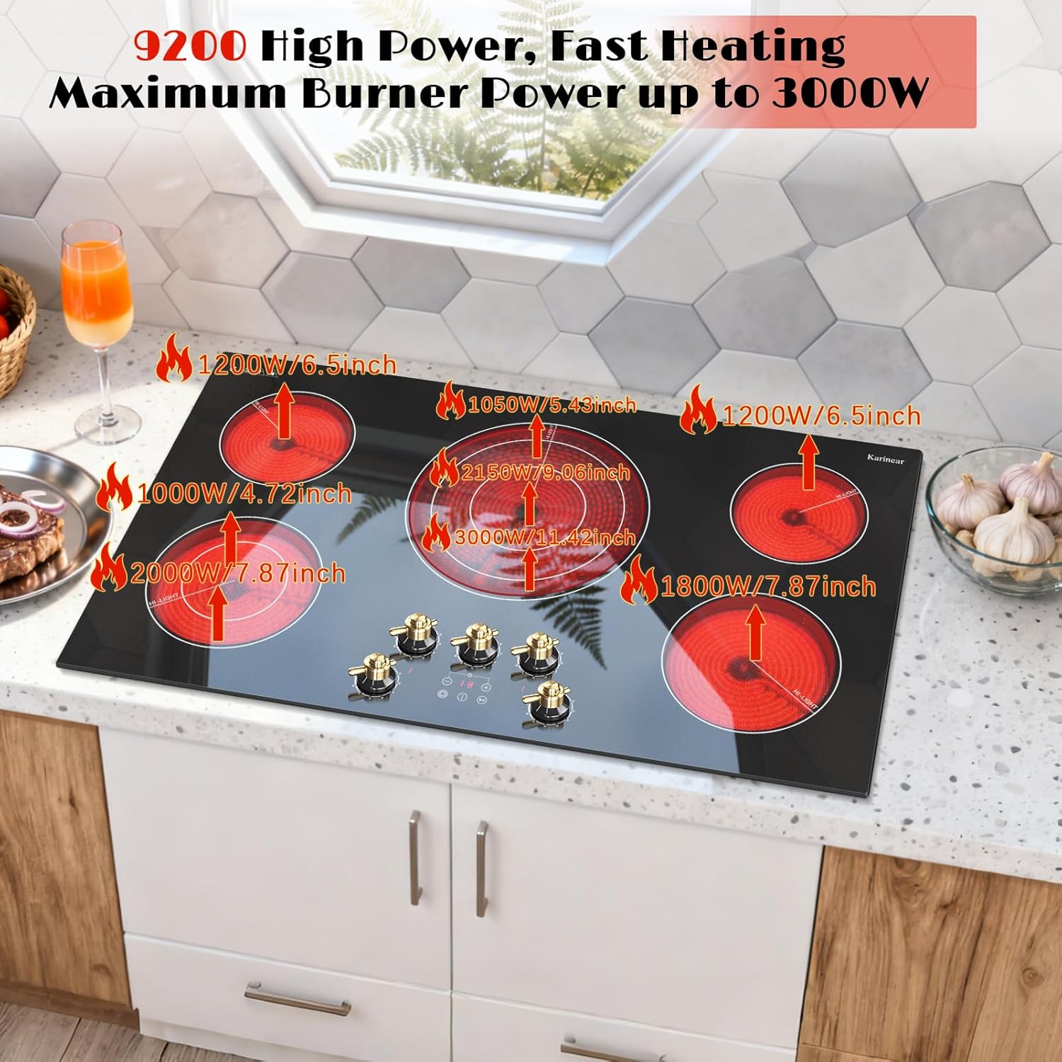 Karinear 36 inch 5 Burner Electric Cooktop 9200W with Knob & Touch Control