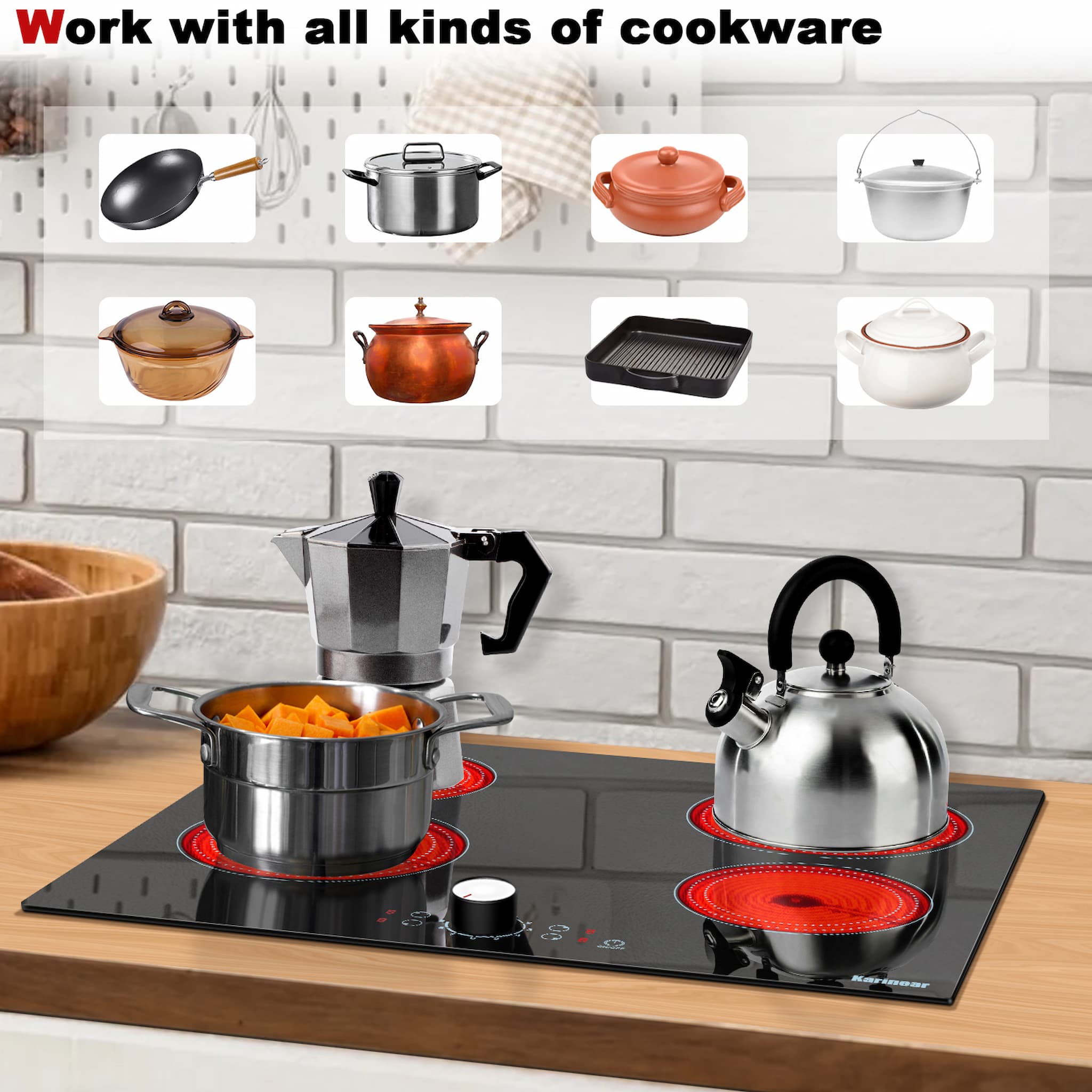 Compatible with almost all types of pots and pans with flat bottom, including glass pans, ceramic pots, stainless steel pans, aluminum pans, casserole, works and more.