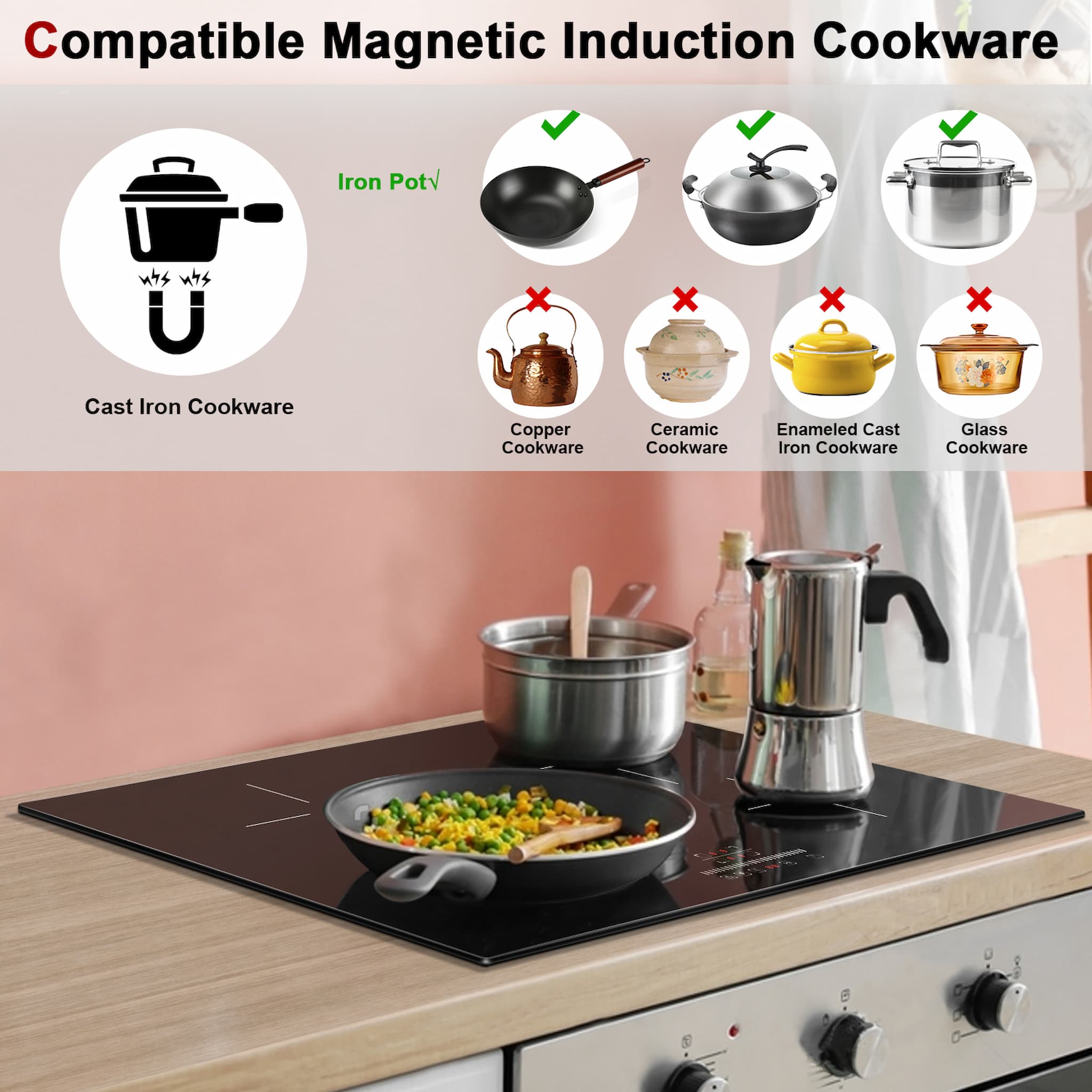Multifunctional 30 Inch Induction Cooktop 4 Burners Slider control 9 Power setting 99 mins Timer Auto switch off High Temperature Warning(show "H") Child Safety Lock Over-Temperature Protection Total power 7200W: Lower left:1500W/1800W, Upper left:2100W/2500W, Lower right:1500W/1800W, Upper right:2100W/2500W.