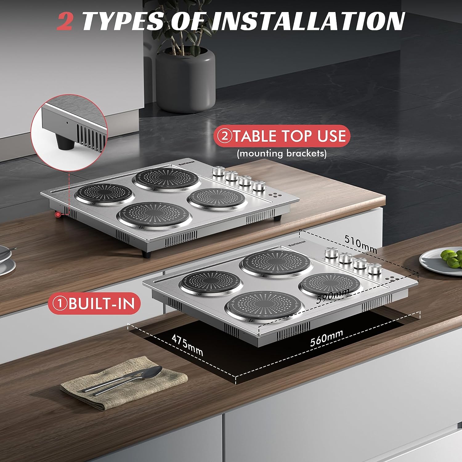 5200W Electric Hob for Cooking, Built-in and Countertop Ceraminc Stove Top with 4 Burners, Knob Control, 16 Power Levels, 220-240V, No Plug