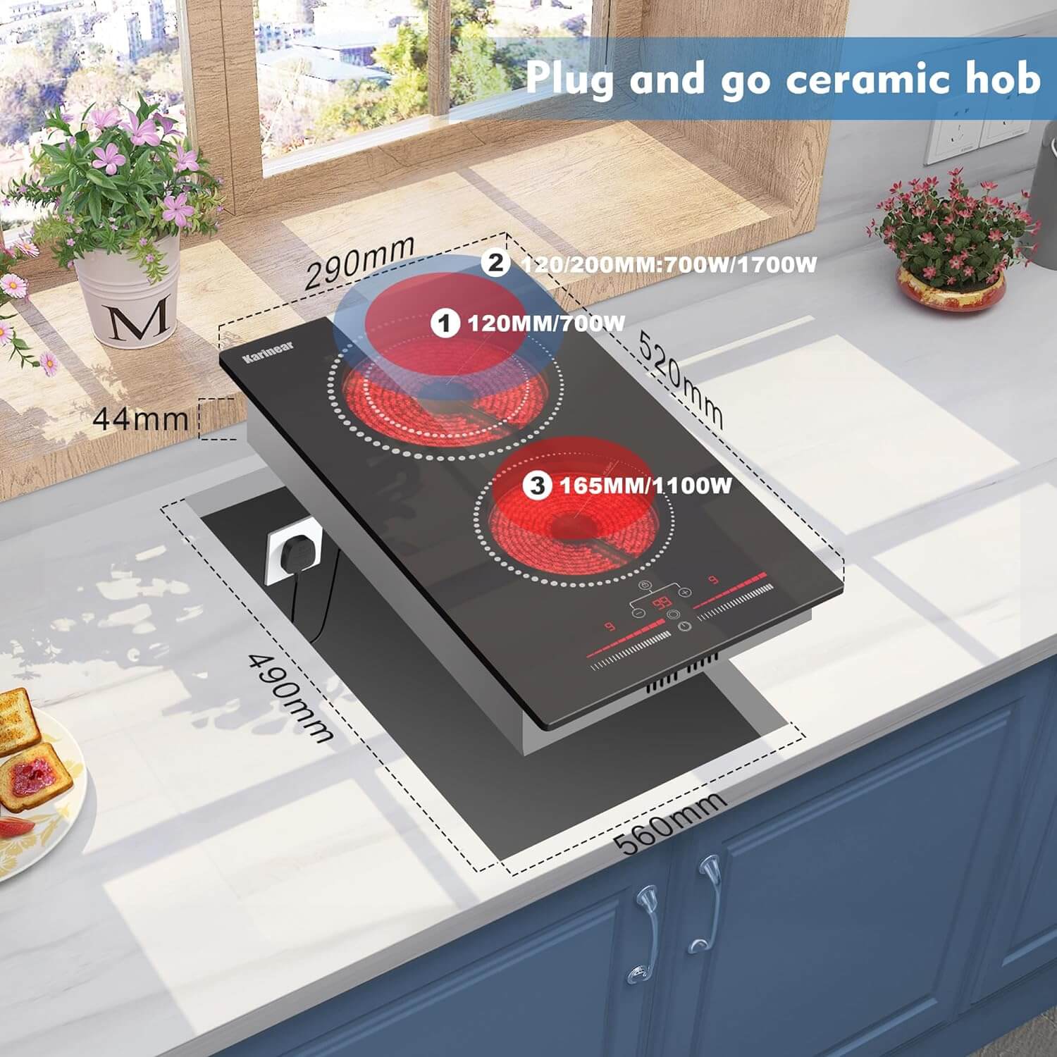 Karinear Plug in Ceramic Hob 13Amp, 2 Ring Electric Hob 2800W, Touch Control with Safe Lock, Timer, Come with Scraper 220~240V