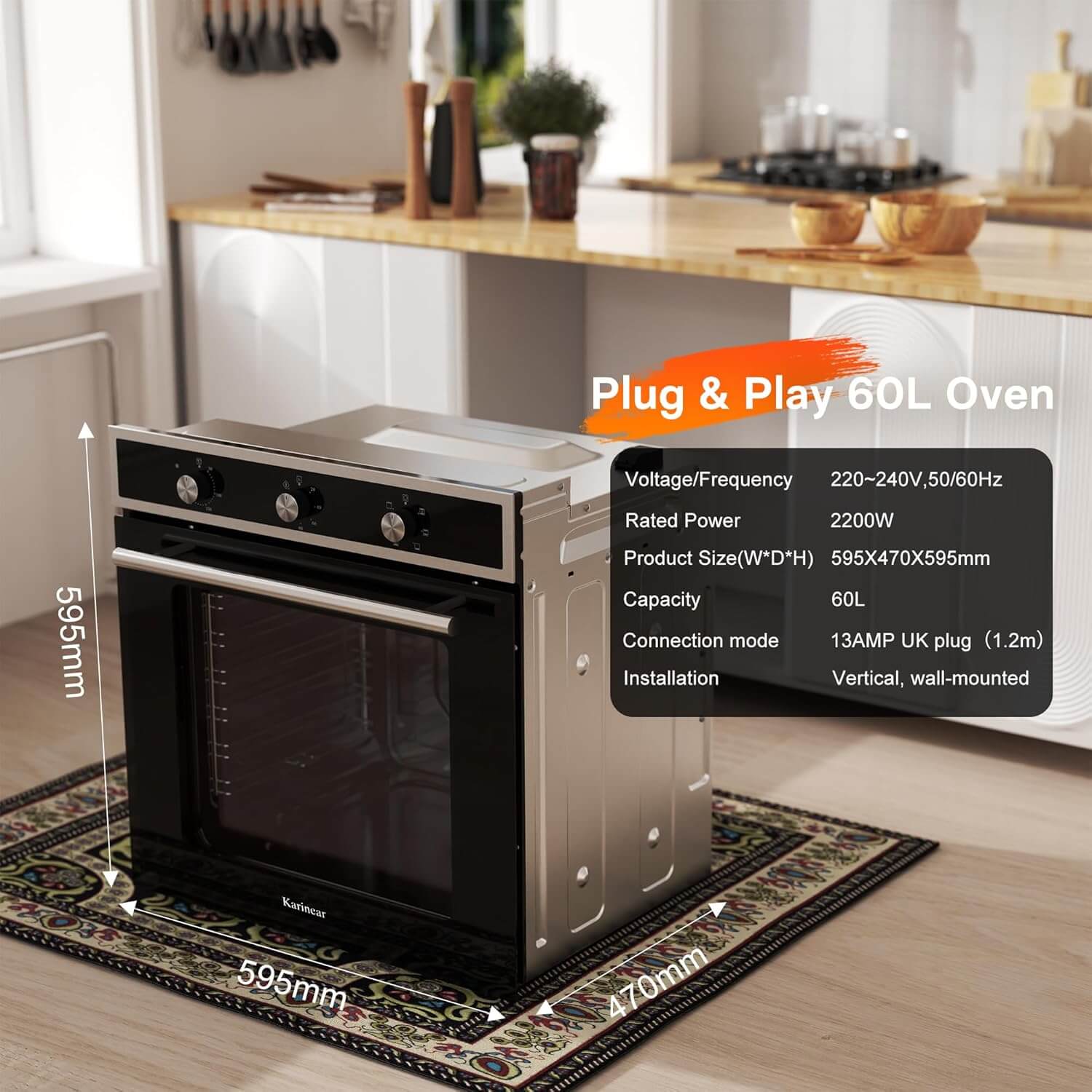 Karinear Built in Electric Oven 60L 2000W With Convection - Black