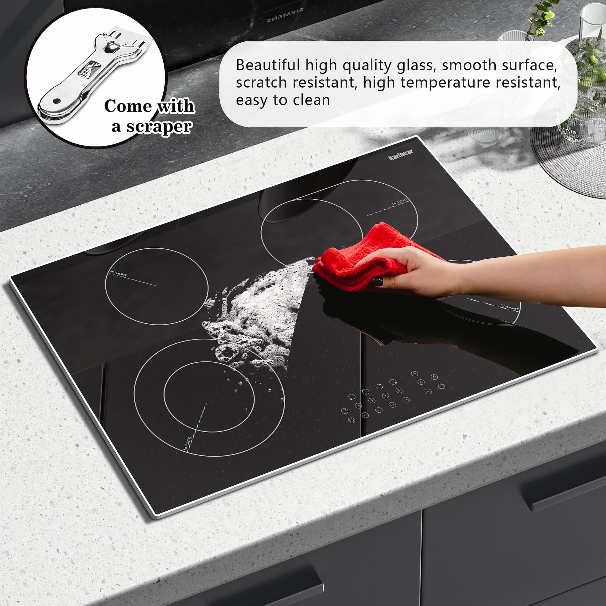 The smooth,sleek surface of this glass ceramic cooktops means is it hard to hide the dust. So you can spend less time to clean and more time enjoying food.