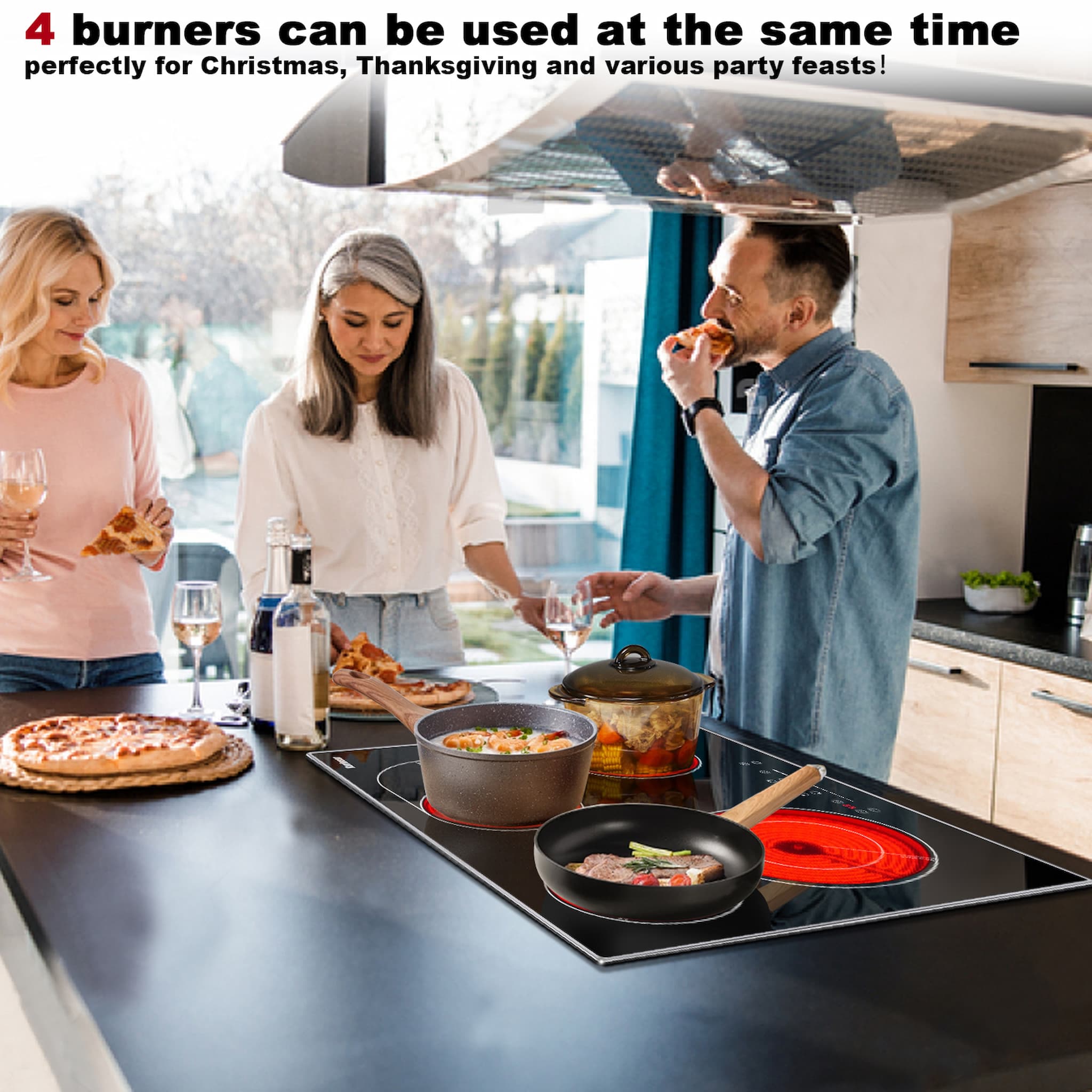 8400W 30 Inch Electric Cooktop 5 Burners Ceramic Cooktop, Drop-in Electric Radiant Cooktop with Front and Back Metal Frame, Child Lock, Timer, 220-240V, Hard Wire, No Plug