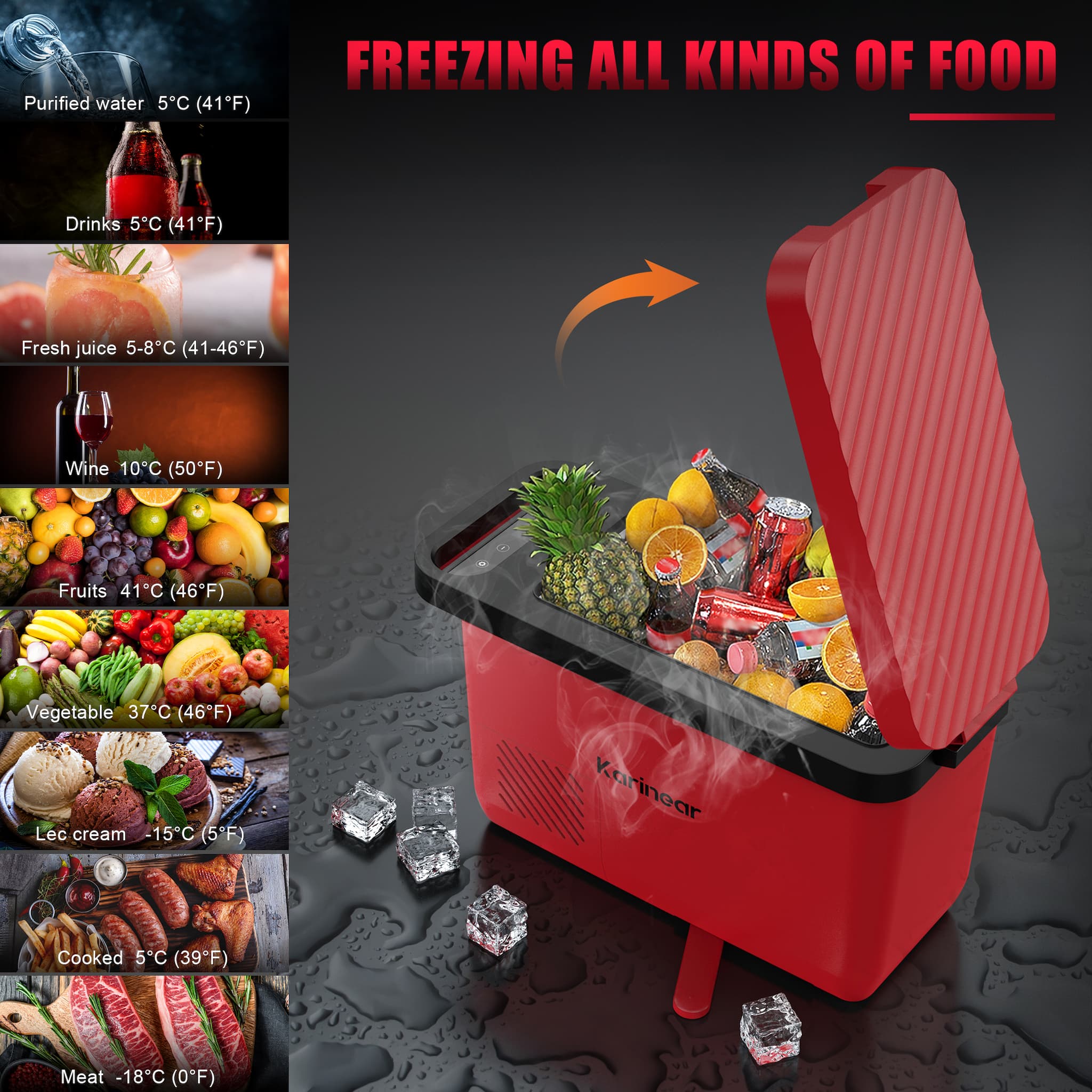 The portable refrigerator for car is your best choice to store Fruits, Ice Cream, Vegetables, Seafood, Meats, Skin Care, and Milk.No need add ice!
