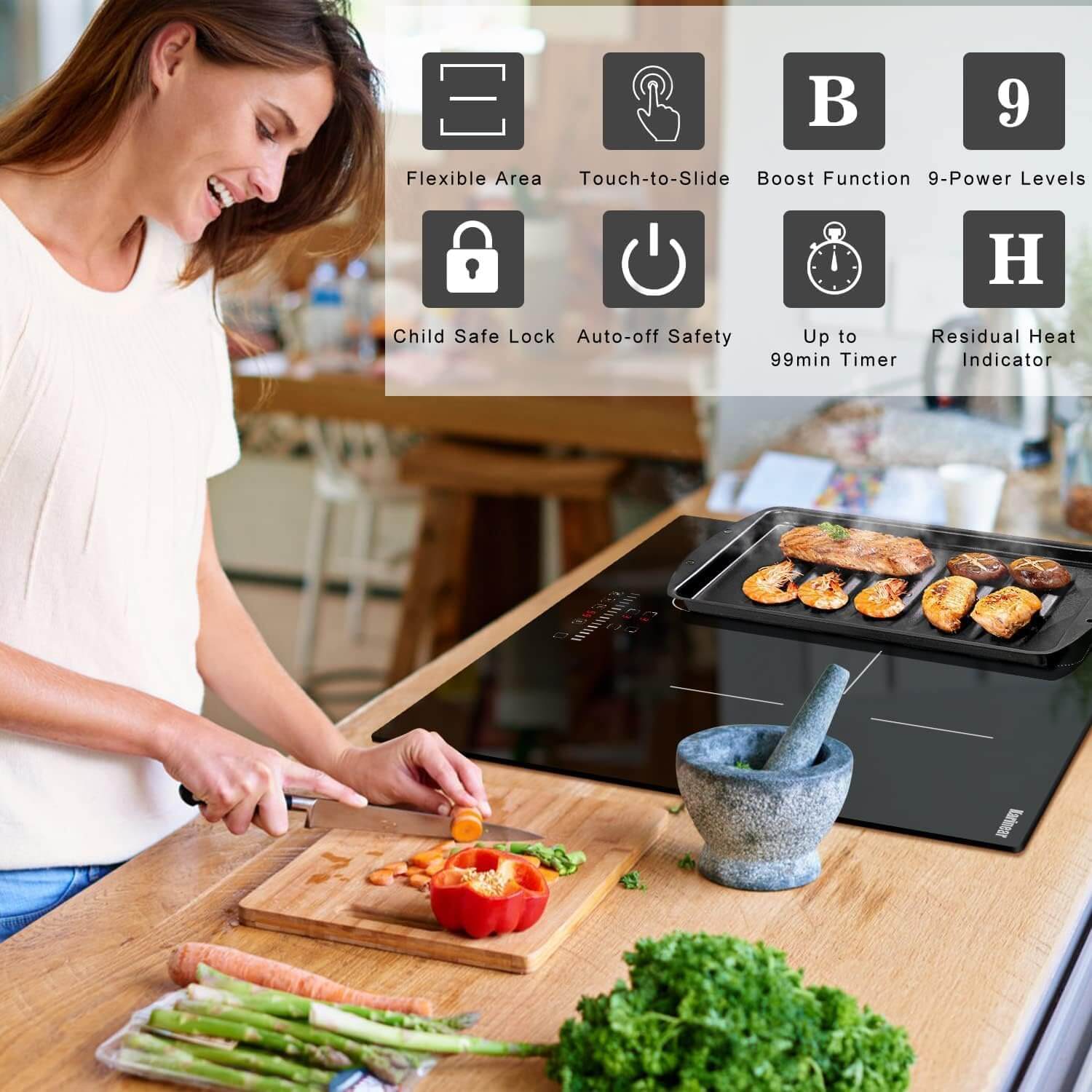 Karinear Induction Hob, 60cm 3 Zones Electric Hob with Slider Control, Boost Function and Flexi Zone 6800W, Hard Wired, No Plug Included