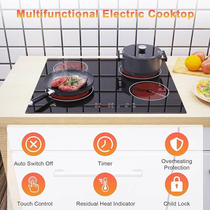 Ceramic Hob, Karinear 60cm Built-in 4 Zones Electric Hob with Touch Control 6000W, Hard Wired, No Plug Included