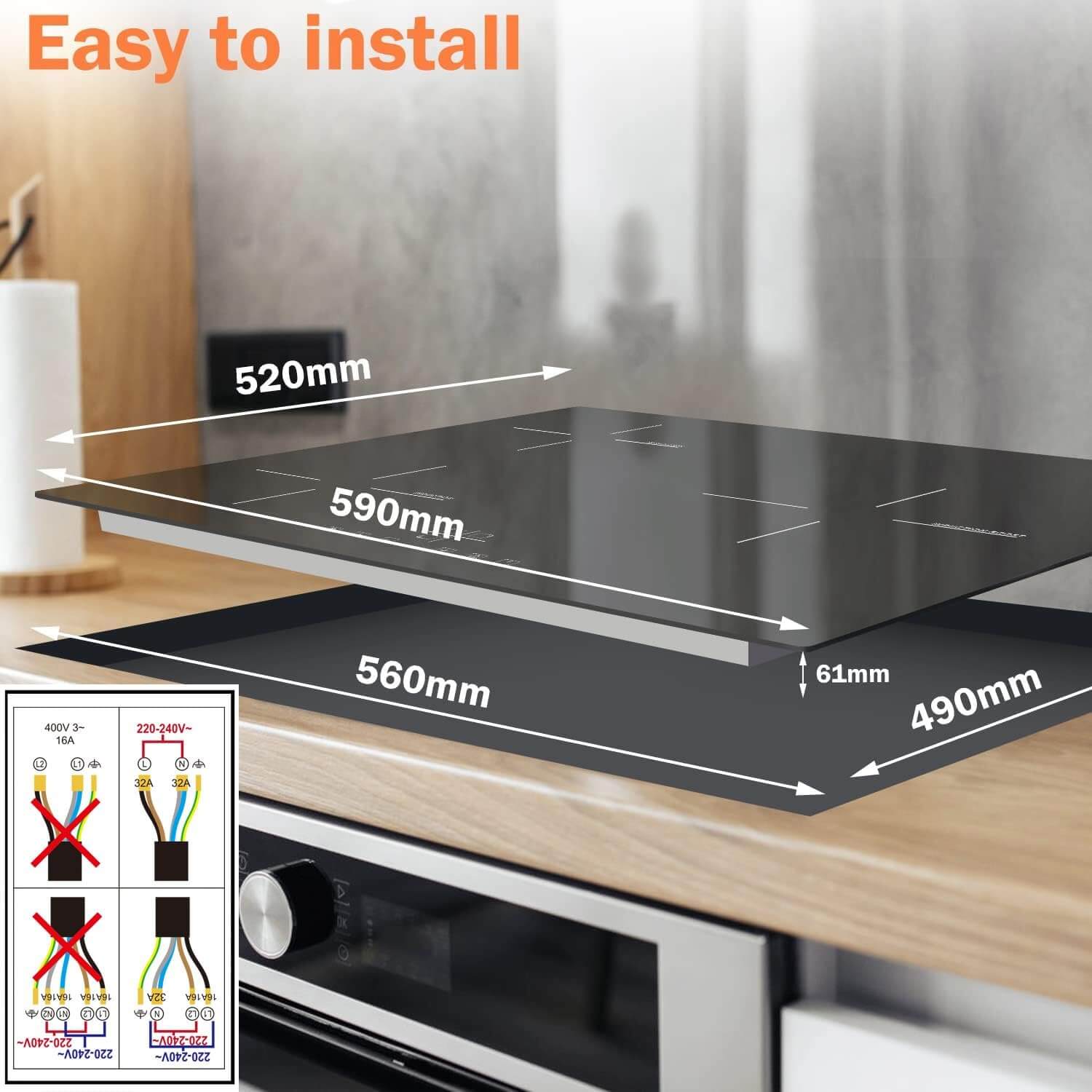 Karinear induction hob 60 cm Built-in 3-zone electric hob with touch control and boost function, black glass, hardwired, no plug included