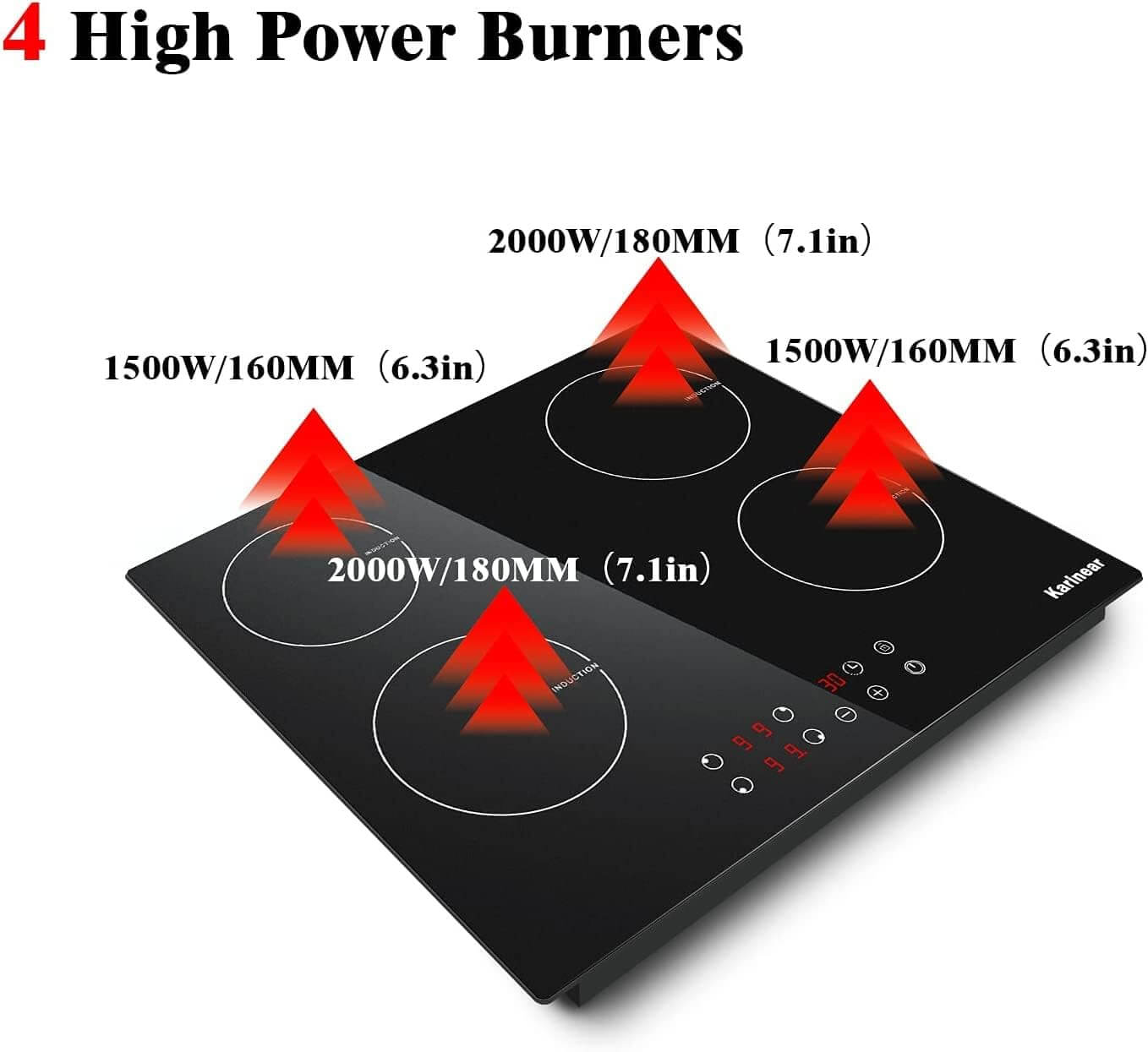 Karinear Induction Hob 60 cm with Plug, Autonomous Induction Hob 4 Plates Installation with Touch Control, 9 Heat Settings, 1-99 Min Timer, Child Lock, Automatic Shut-Off, 3500W, 220-240V
