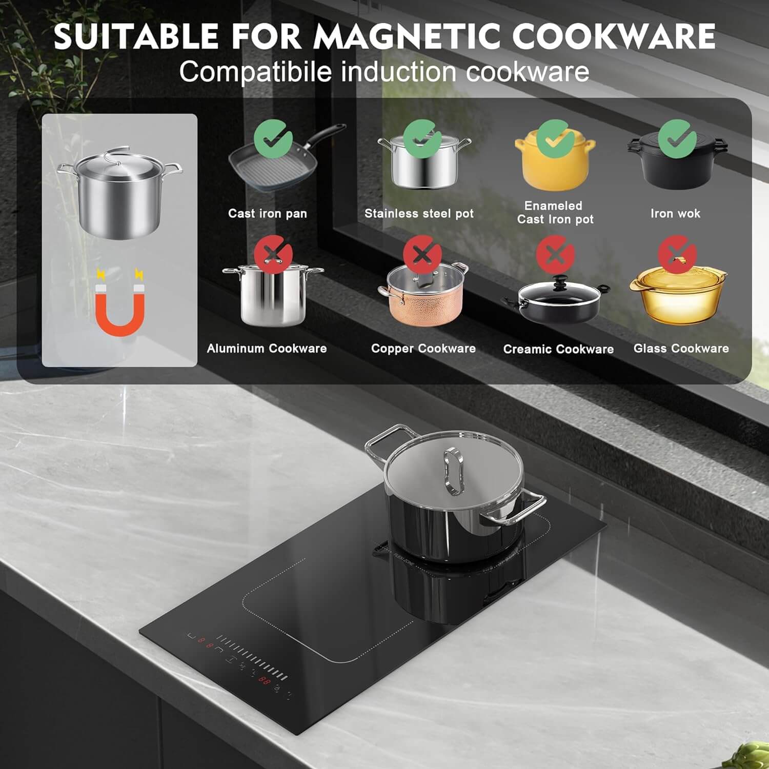Karinear Plug-in Induction Hob with Flex Zone 13Amp 2800W, 2 Ring Electric Hob 30cm with 99-Min Timer, Safe Lock, Black
