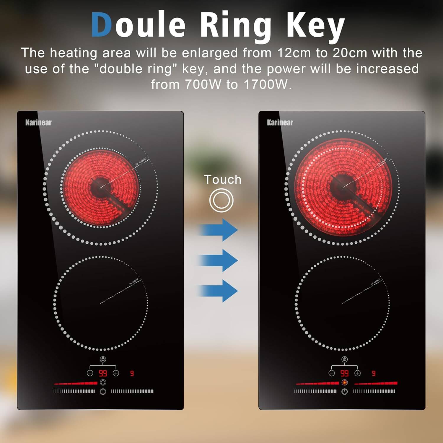 Karinear Plug in Ceramic Hob 13Amp, 2 Ring Electric Hob 2800W, Touch Control with Safe Lock, Timer, Come with Scraper 220~240V