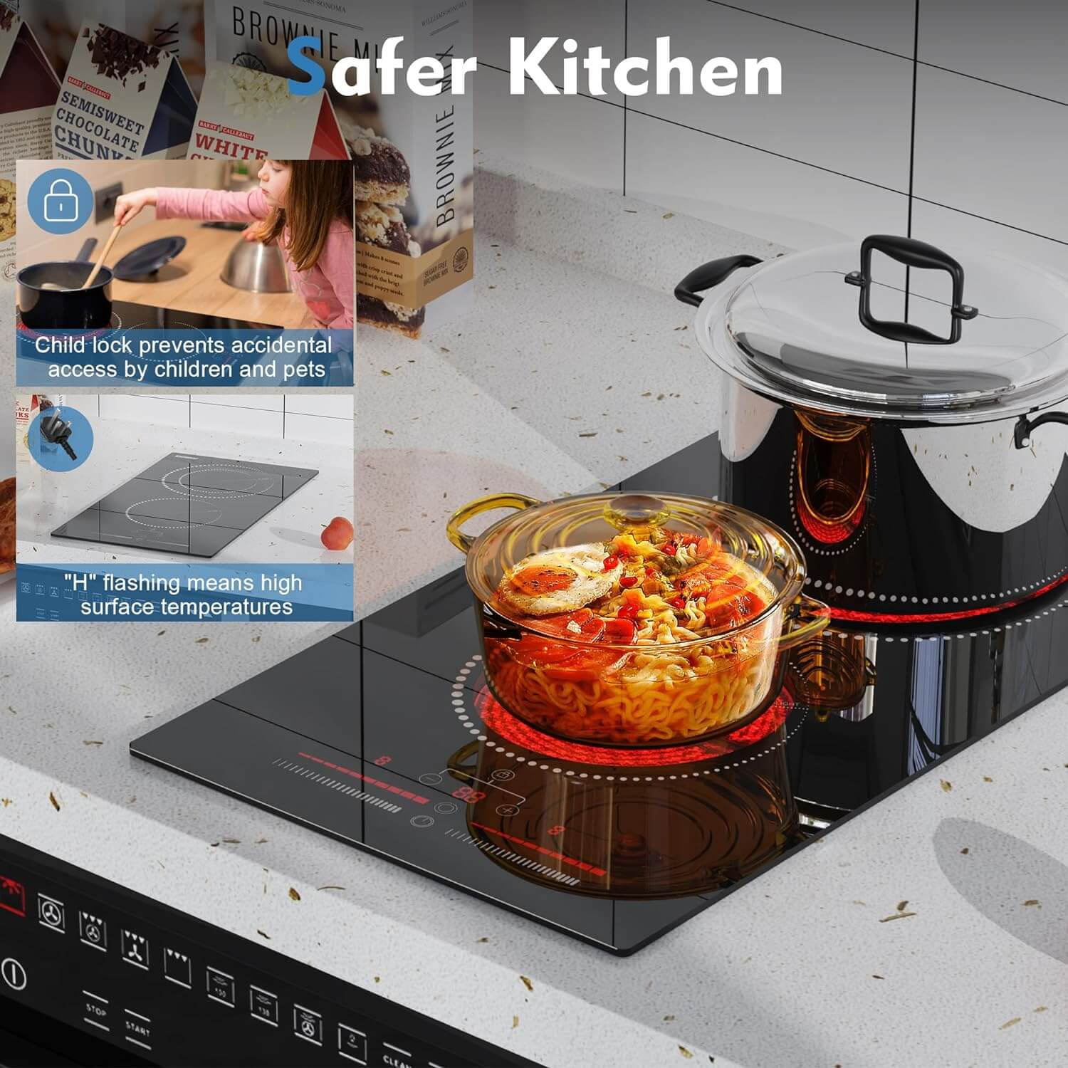 Karinear Plug in Ceramic Hob 13Amp, 2 Ring Electric Hob 2800W, Touch Control with Safe Lock, Timer, Come with Scraper 220~240V