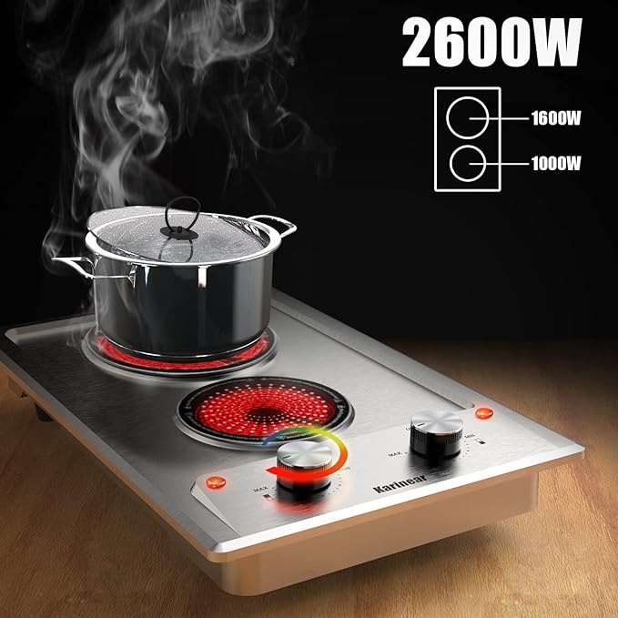 Karinear Stainless Steel Ceramic Hob 2 Zone Plug in Electric Hob 30cm Knob Control 1600W+1000W Power for ALL Cookware 3-Year Warranty
