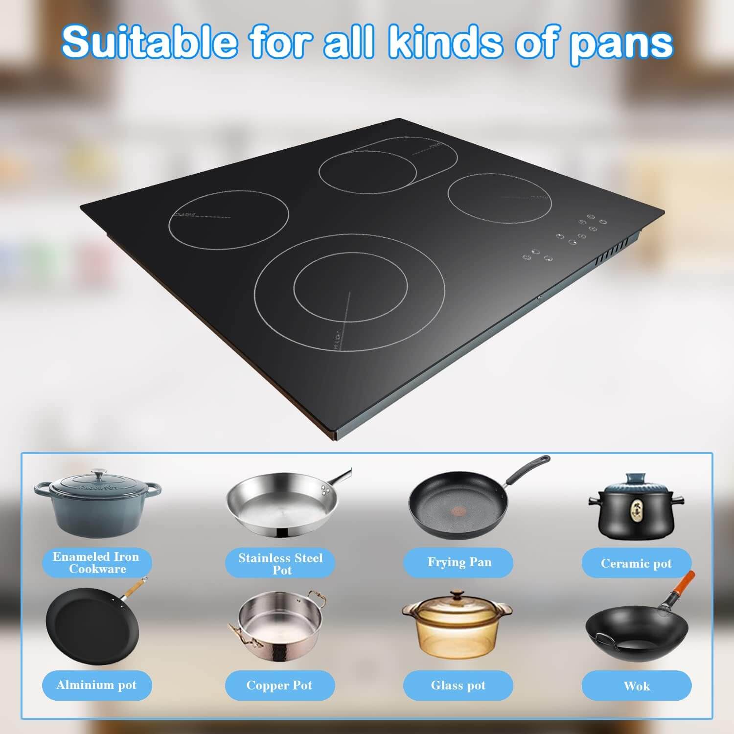 Karinear built-in glass ceramic hob, 4 hobs, with double pull-out zone, integrated electric table with touch control, timer, lock for children, 6600 W