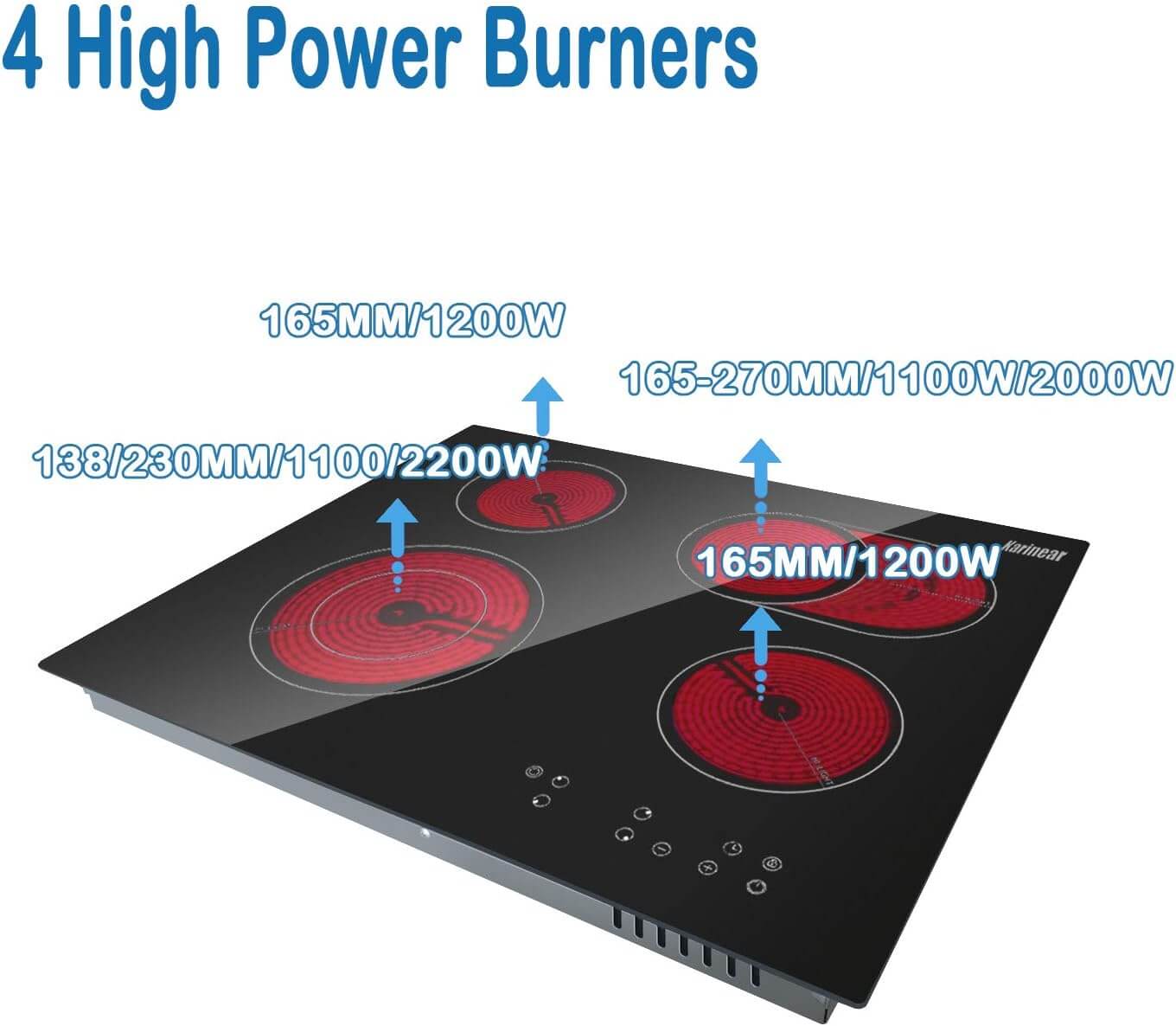 Karinear built-in glass ceramic hob, 4 hobs, with double pull-out zone, integrated electric table with touch control, timer, lock for children, 6600 W