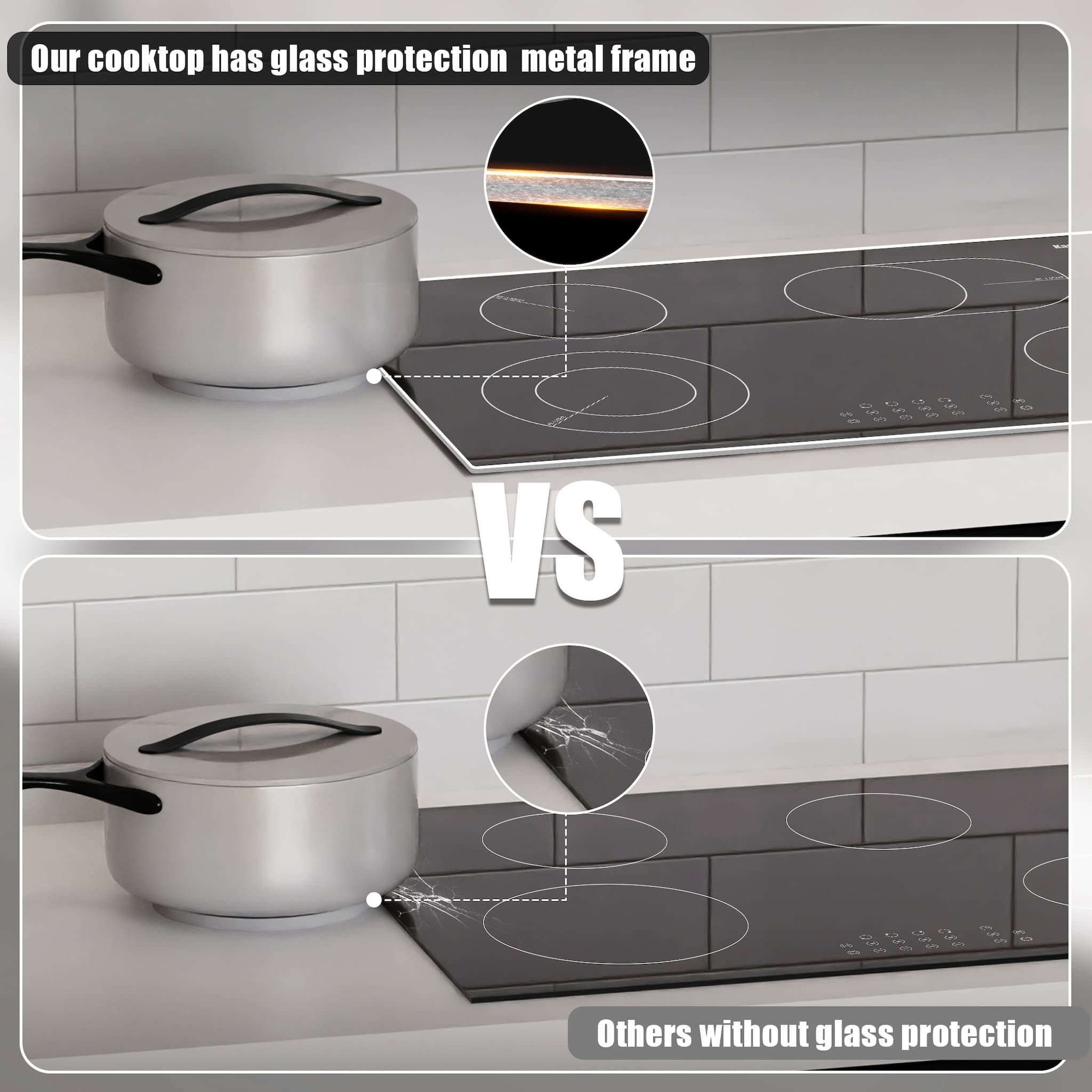 9 Power Levels electric cooktop 4 burners have 9 power levels, suitable for various cooking methods. The lower left and upper right burners are both expandable burner, which can provide higher power for larger pans or rectangular baking pans.