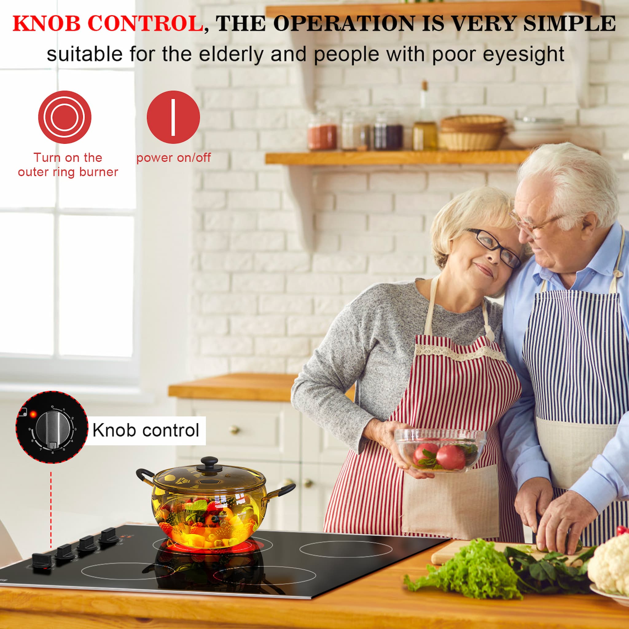 Karinear 30 Inch Electric Cooktop 4 Burners, Knob Control Built-in Ceramic Cooktop, 30" Radiant Electric Stove Top with Glass Protection Metal Frame,Hot Surface Indicator, 220-240v, Hard Wire, No Plug