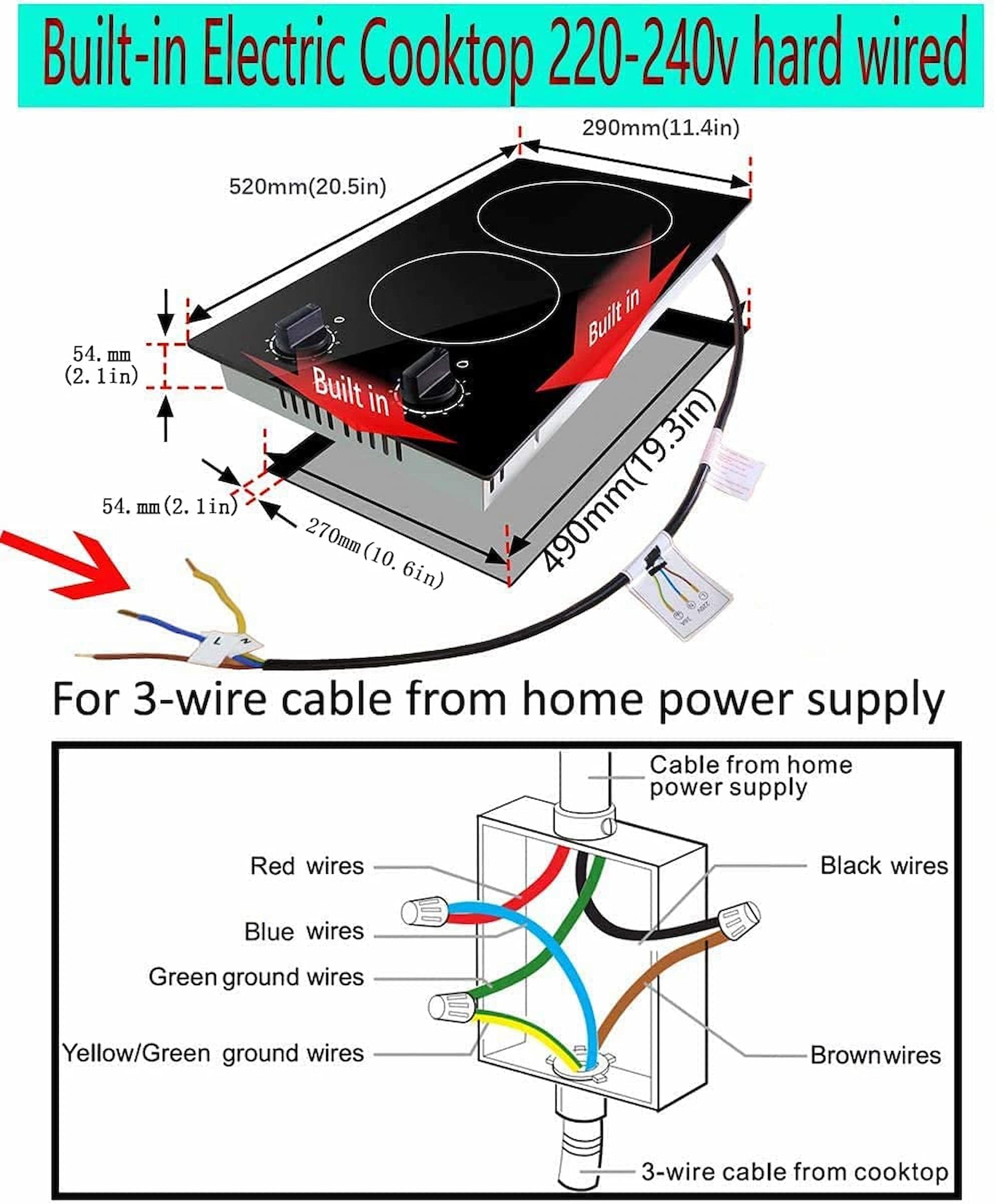 【 Two Burner Electric Cooktop 】Karinear Ceramic Double Cooktop, with two independent heating areas, It can quickly produce different delicious foods at the same time, cook more food in less time. This electric cooktop hob comes without plug, hard wired, suitable for 220-240V.