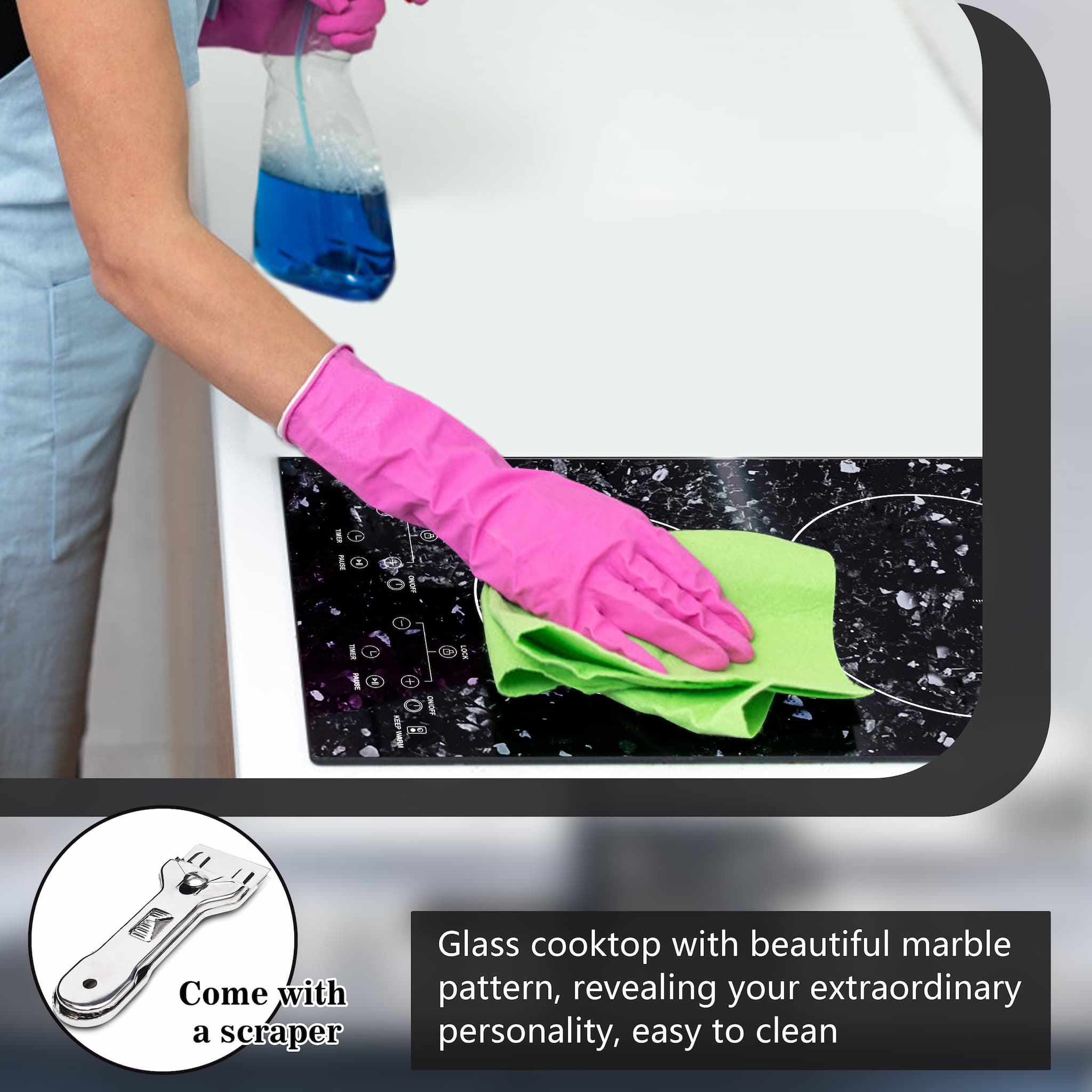 easy to clean, just need a light wipe with a damp cloth. Karinear will give a cleaning scraper as a gift to help you clean. (Be sure to wait for the 'H'(High Temperature Warning) to wear off before cleaning, otherwise it may burn your hands.)