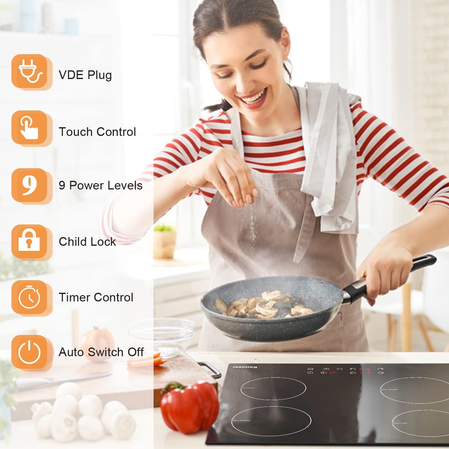 The induction cooker offers 9 power settings for precise heating, achieved by sliding sensor touch control. So you get dedicated heating on demand, from gentle simmer to rapid boiling.
