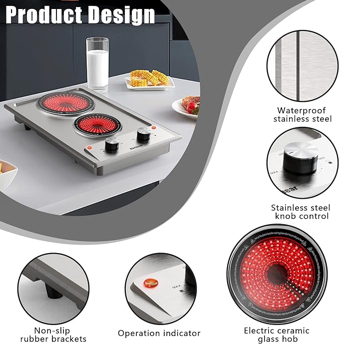 Simply adjust the temperature of the hob with the knob, easy to use even for the elderly. The electric hob is made of hard-wearing, heat-resistant and durable stainless steel. It will not lose its paint and has no unpleasant odour.