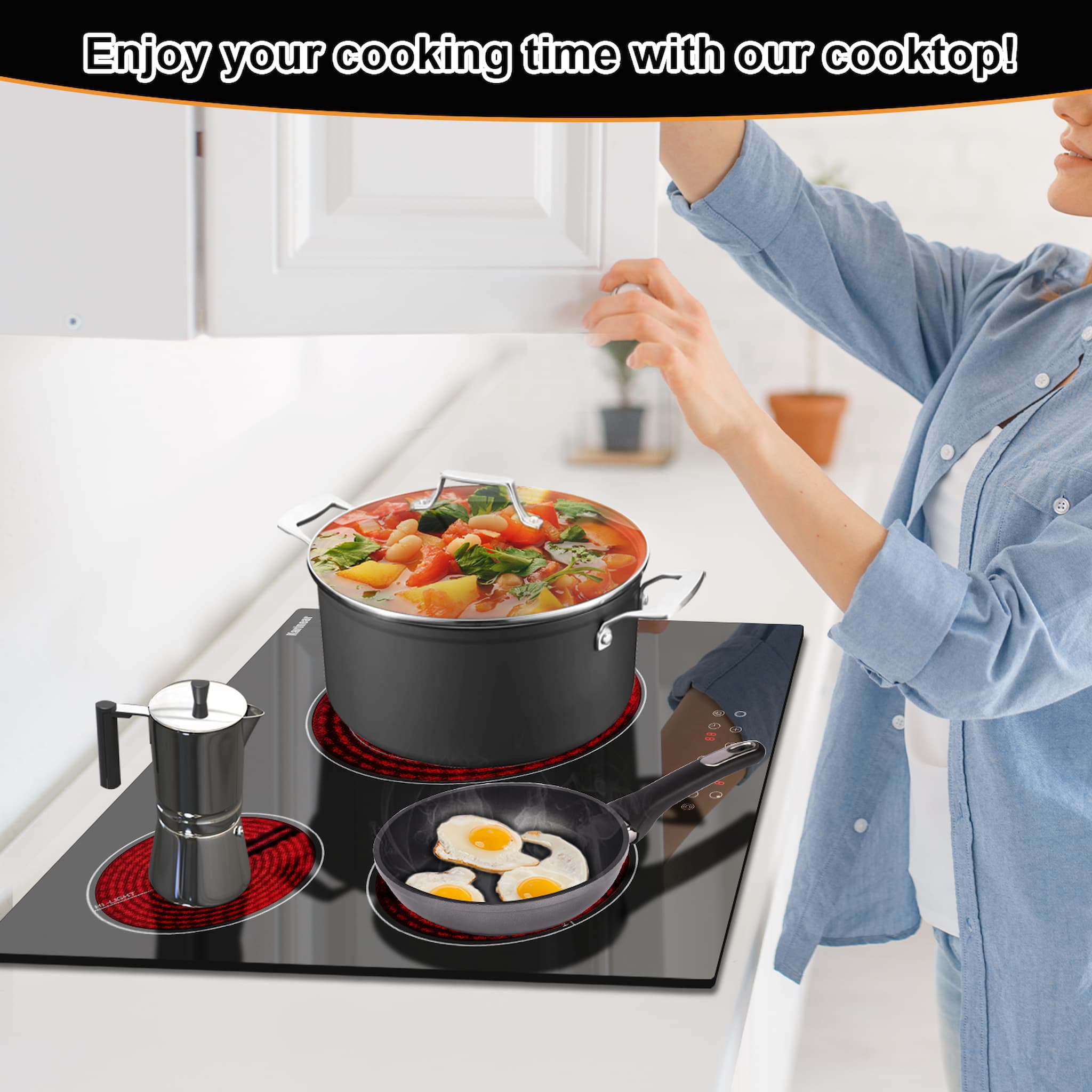 The 3 burners elecric cooktop is built-in design, space-saving, perfectly embedded in all cabinets. A modern look that adds a touch of beauty to your kitchen.