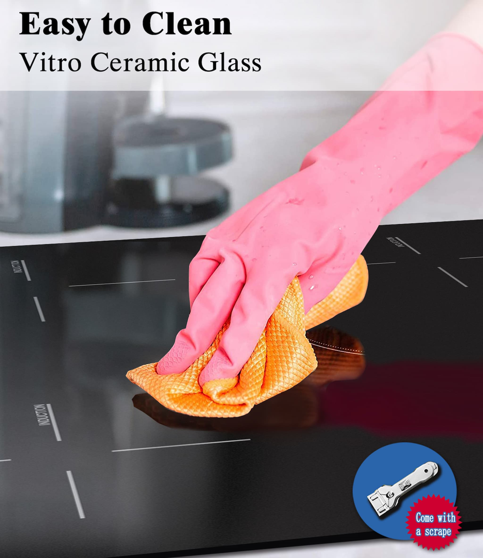 With high quality vitroceramic glass surface, the downdraft electric cooktop is heat-resistant and durable, easy to clean. The sleek black finish and built-in design offers an attractive look for any counter.