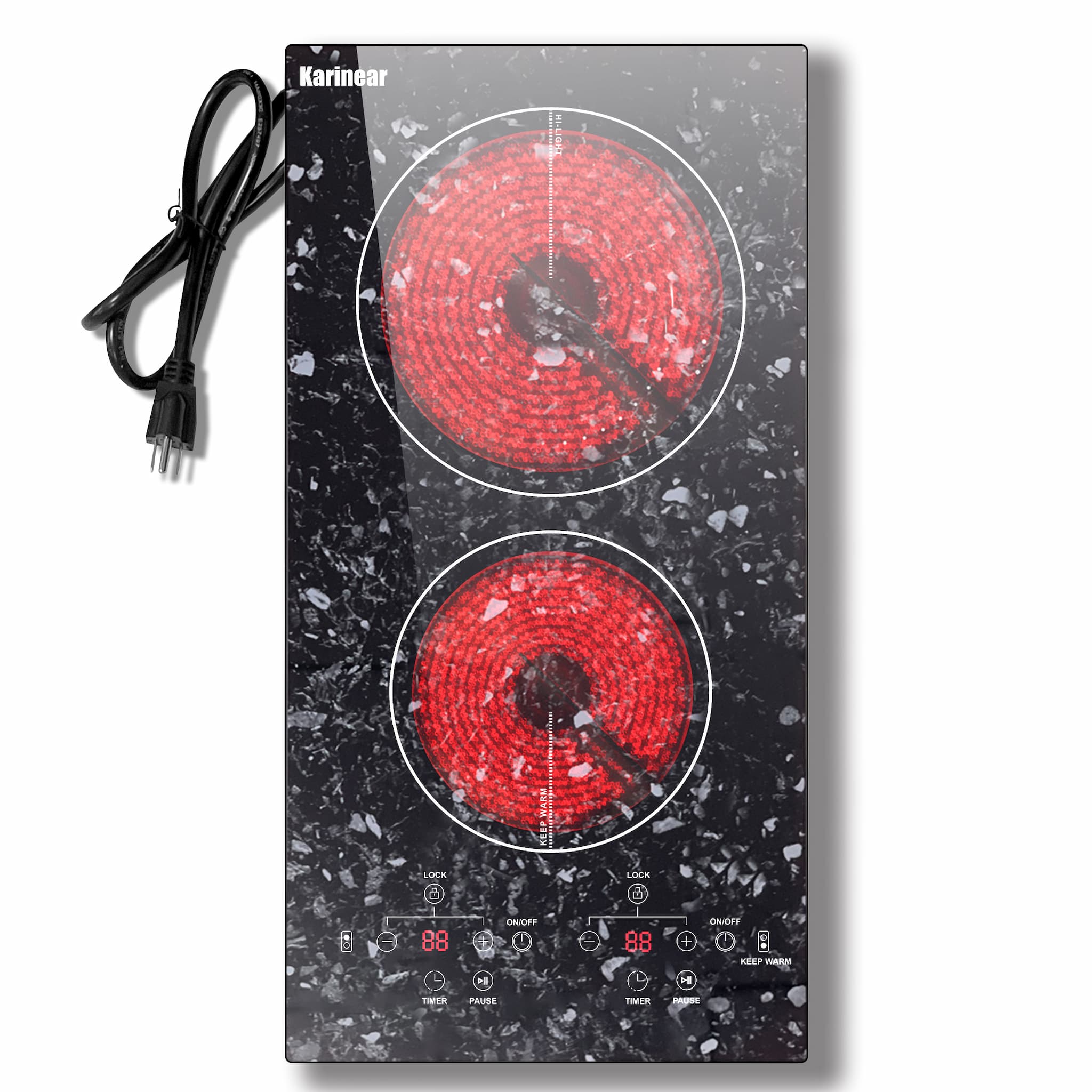 Karinear Portable Electric Cooktop 2 Burners, 110v Plug in Electric Stove Top, Countertop Use or Built-in Install, 12'' Ceramic Cooktop with Beautiful Marble Patterned