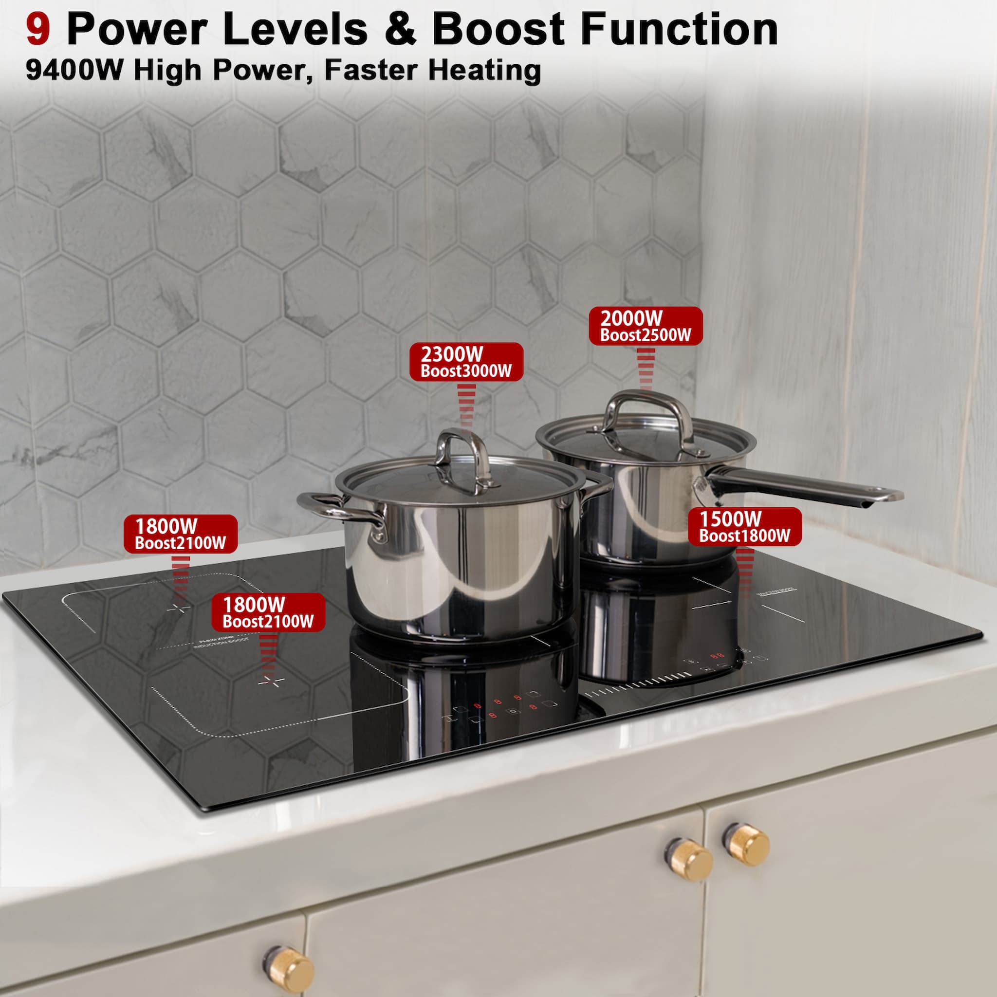 Multi-function Flex Zone 9 Power Levels 99 Mins Timer Over-temperature Protection Automatic Shutdown Child Safety Lock Lower left:1800W/2100W, Upper left:1800W/2100W, Lower right:1500W/1800W, Upper right:2000W/2500W, Middle:2300W/3000W, Flex Zone:3000W/3400W.