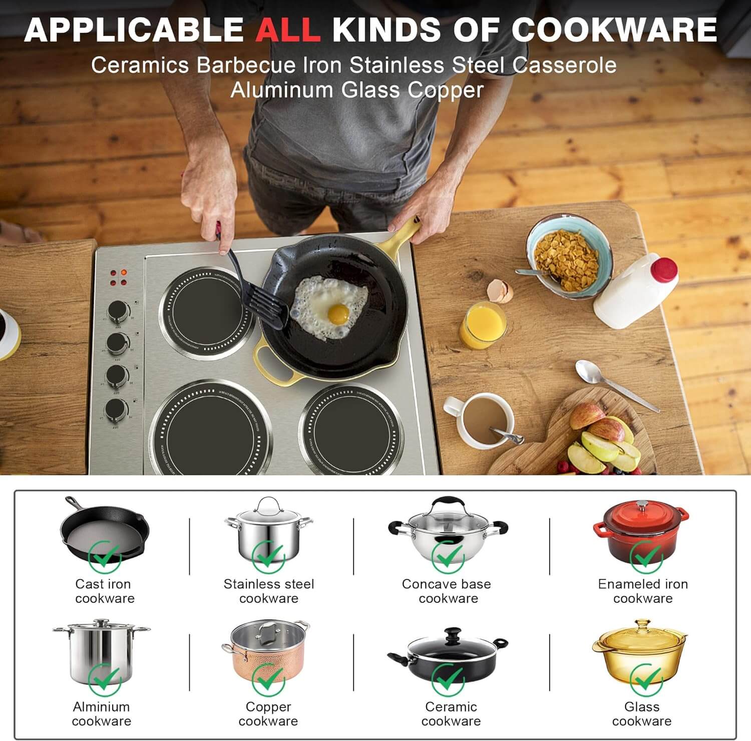 Stainless Steel Electric Cooktop s suitable for any material of cookware.