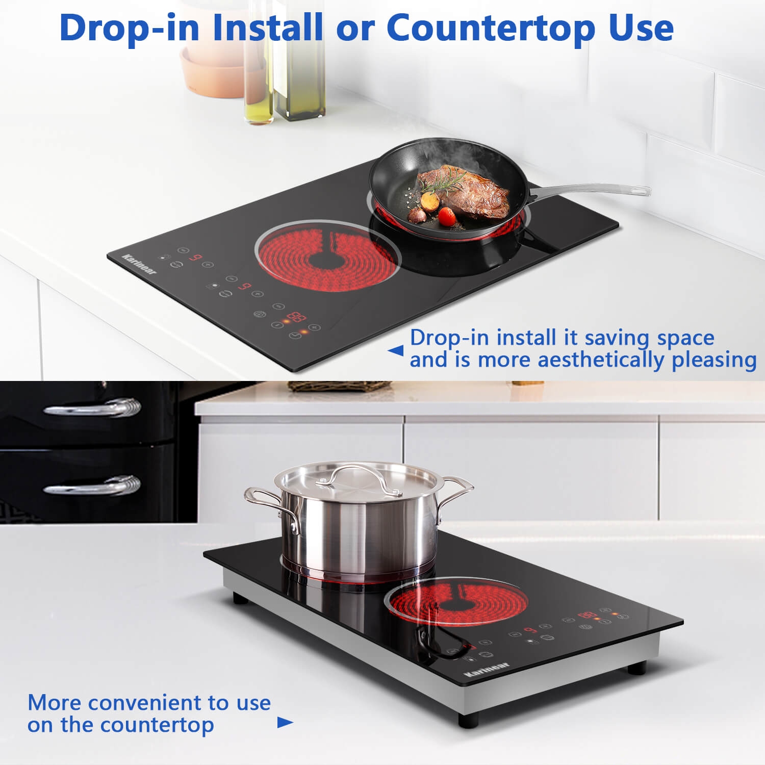 Karinear 12 Inch Plug in 2 Burner Electric Cooktop With Countertop and Built-in