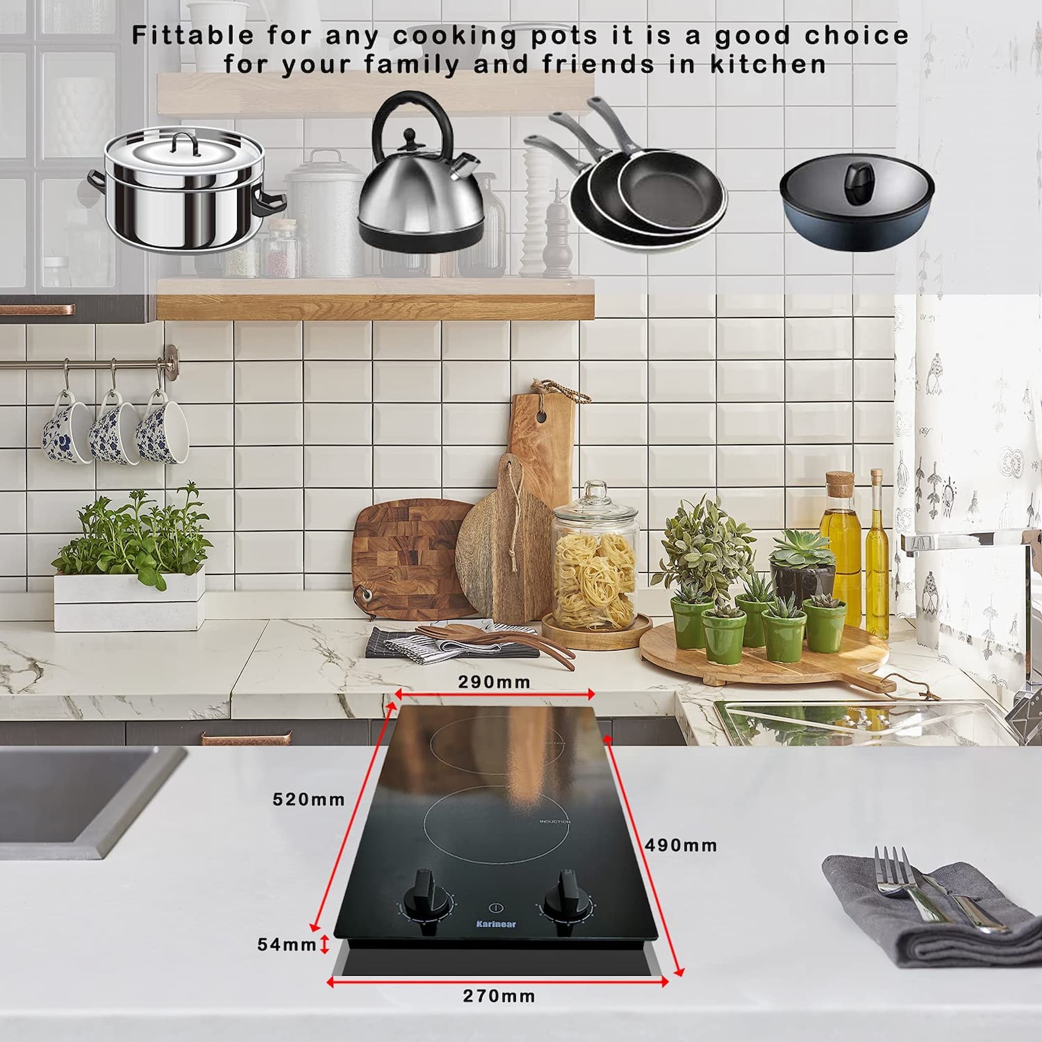 This two burner electric cooktop is compatible with steel, cast iron, enameled iron, stainless steel, flat bottom pan or pot w/ a diameter . Lightweight & compact, great for home / outdoor cooking & its easy to clean. Please install according to the product manual and contact us at any time.