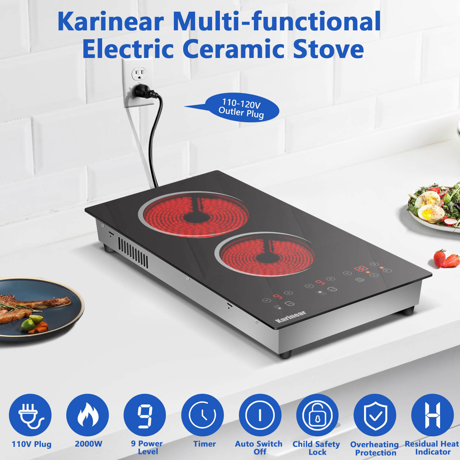 Karinear 12 Inch Plug in 2 Burner Electric Cooktop With Countertop and Built-in