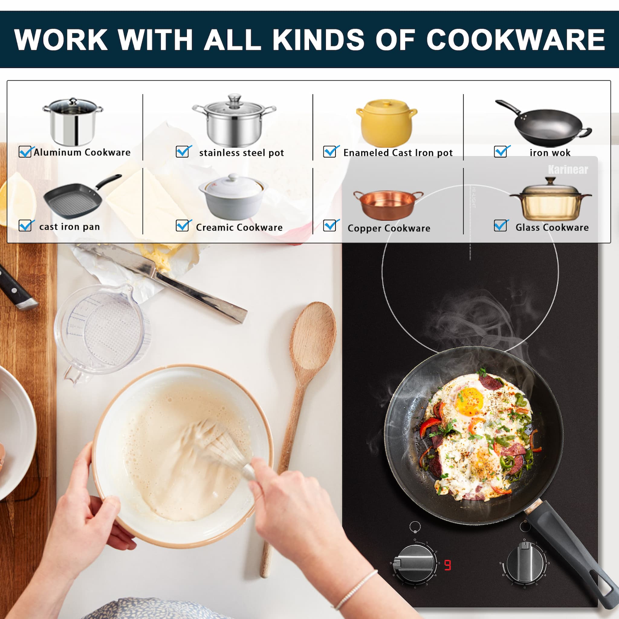nother advantage of this glass cooktop is that it can use any material cooker, iron, stainless steel, glass, ceramic cookers are suitable, which is much more convenient than the induction cooker. With black glass surface, the drop-in electric cooktop looks simple and fashionable. Easy to clean, just wipe with a damp cloth.