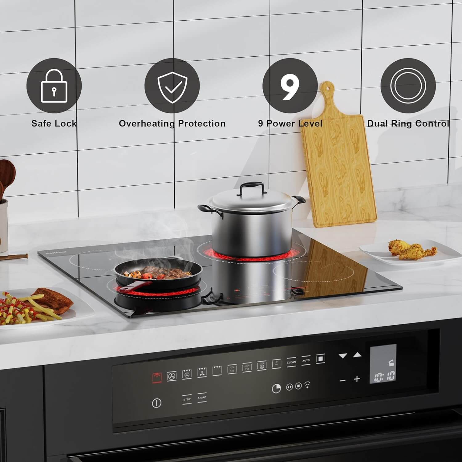 Karinear self-sufficient hob 60 cm with dual ring cooking zones, glass ceramic hob 4 plates, 6600W hob 4 hobs built-in with child safety lock, timer, touch control, 220-240V