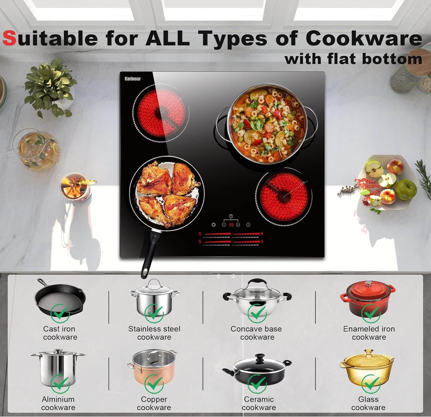Karinear self-sufficient hob 60 cm with dual ring cooking zones, glass ceramic hob 4 plates, 6600W hob 4 hobs built-in with child safety lock, timer, touch control, 220-240V