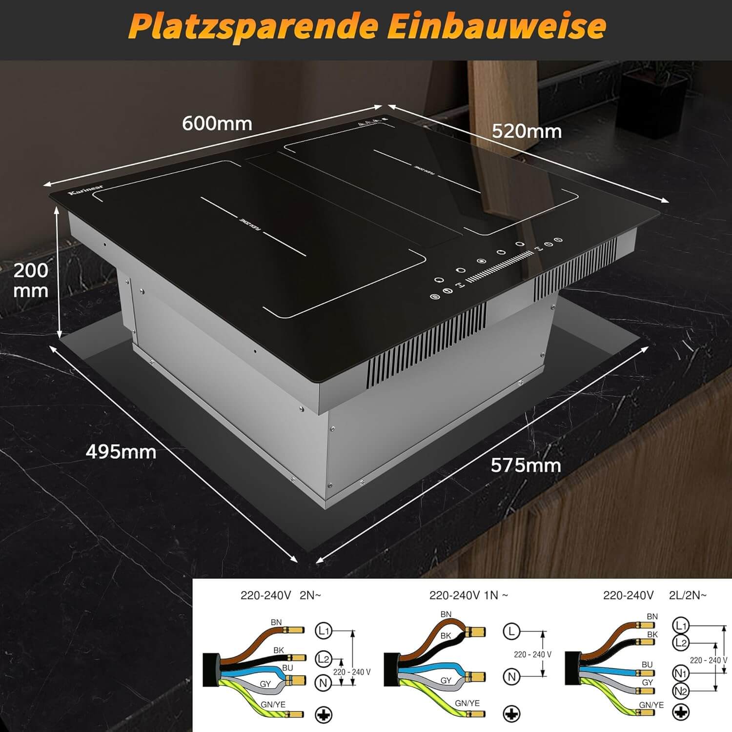 Karinear Induction Hob With Extractor Hood With Built In Flex Zones