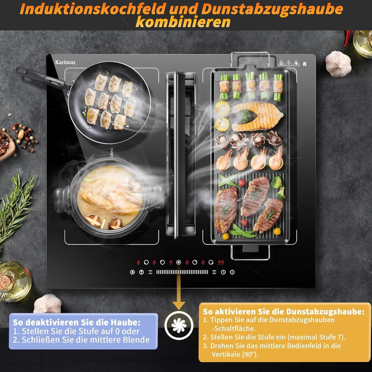 Karinear Induction Hob With Extractor Hood With Built In Flex Zones